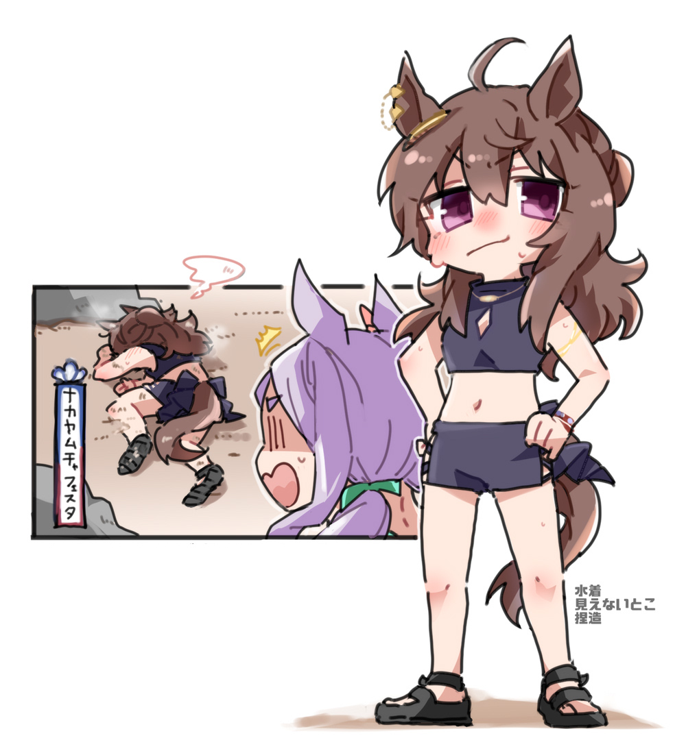 beer hsk, mejiro mcqueen (ripple fairlady) (umamusume), mejiro mcqueen (umamusume), nakayama festa (entrust myself to the dice) (umamusume), nakayama festa (umamusume), umamusume, commentary request, translation request, 2girls, ^^^, ahoge, animal ears, bare arms, bare shoulders, bikini, black bikini, black sandals, blush, bow, brown hair, chibi, closed mouth, green bow, hair between eyes, hair bow, hands on own hips, horse ears, horse girl, horse tail, long hair, low twintails, meme, multiple girls, navel, open mouth, purple eyes, purple hair, sandals, shaded face, shoe soles, short eyebrows, smile, sweat, swimsuit, tail, thick eyebrows, twintails, v-shaped eyebrows, wavy mouth, yamcha pose (meme)