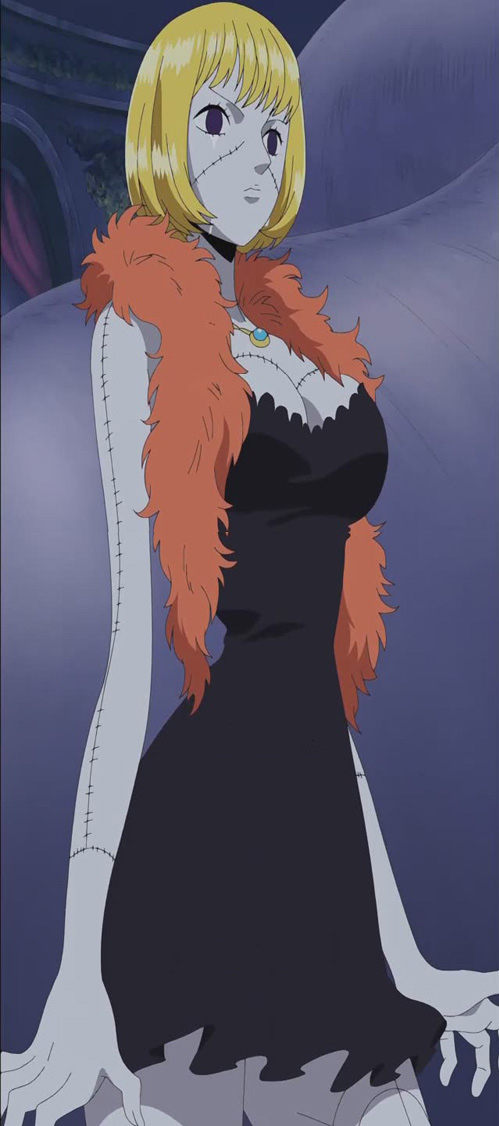 victoria cindry, one piece, long image, tall image, 1girl, black dress, blonde hair, dress, feather boa, female focus, scar, solo, standing, stitches, tears, thriller bark, zombie, zombie girl
