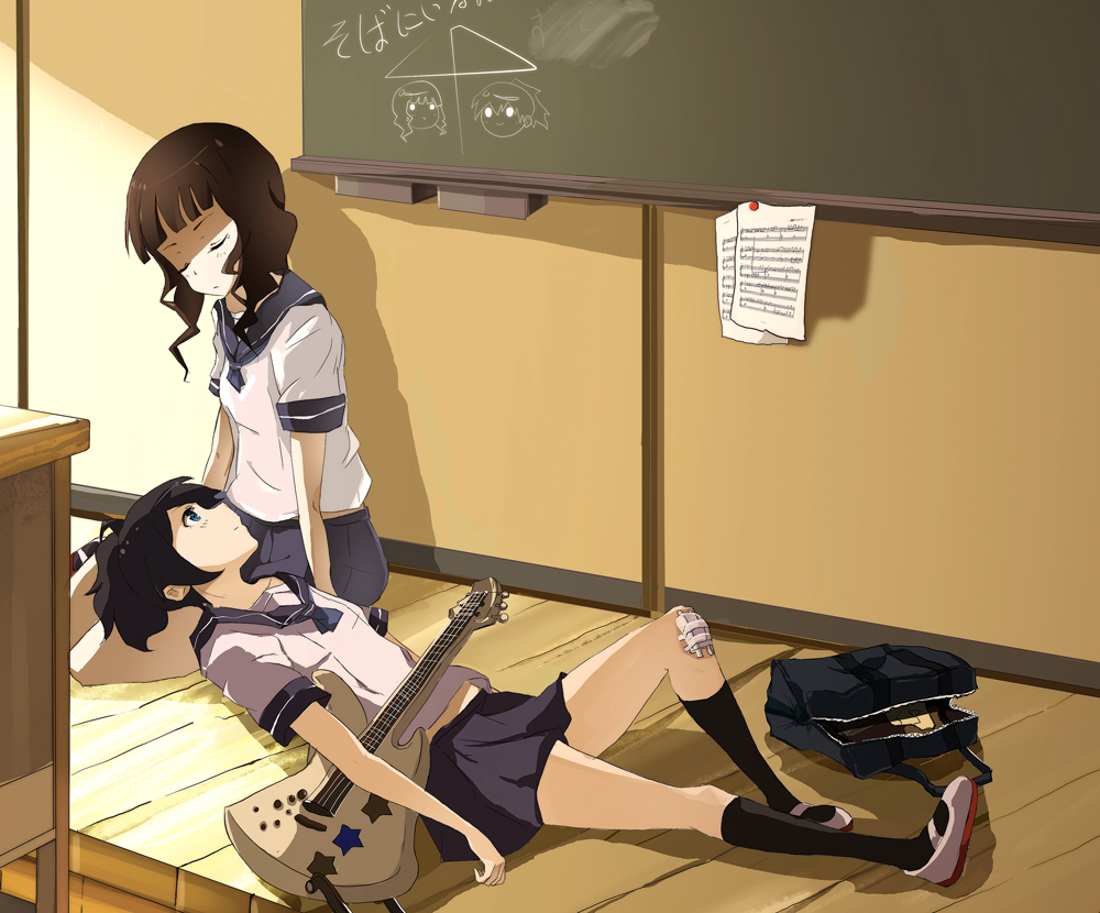 kio sayuki, kuroi mato, takanashi yomi, black rock shooter, 10s, 2girls, ai ai gasa, bag, bandages, bass guitar, black hair, blue eyes, brown hair, chalkboard, classroom, closed eyes, indoors, instrument, kneeling, multiple girls, school, school uniform, shoes, skirt, sleeping, uwabaki, yuri