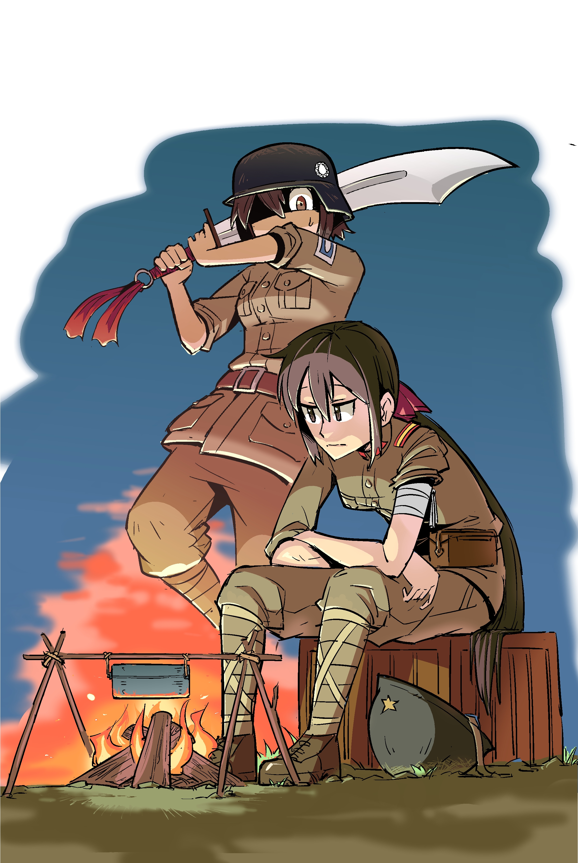 dayue, original, absurdres, commentary request, highres, 2girls, brown eyes, brown hair, campfire, combat helmet, full body, guan dao, helmet, holding, holding sword, holding weapon, imperial japanese army, kuomintang, long hair, military, military uniform, multiple girls, national revolutionary army, outdoors, polearm, ponytail, second sino-japanese war, short hair, sitting, stahlhelm, sword, very long hair, weapon