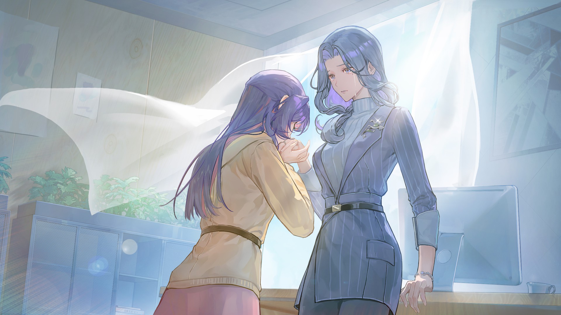 selene yan, victoria qi, love curse: find your soulmate, game cg, highres, non-web source, official art, 2girls, belt, black belt, blue eyes, blue hair, bracelet, brown belt, closed eyes, closed mouth, cowboy shot, crying, cup, curtains, formal clothes, grey sweater, indoors, jewelry, kiss, kissing hand, light frown, looking at another, mole, mole under eye, multicolored hair, multiple girls, pale skin, pink hair, plant, purple hair, streaming tears, sweater, tears, turtleneck, turtleneck sweater, two-tone hair, yuri