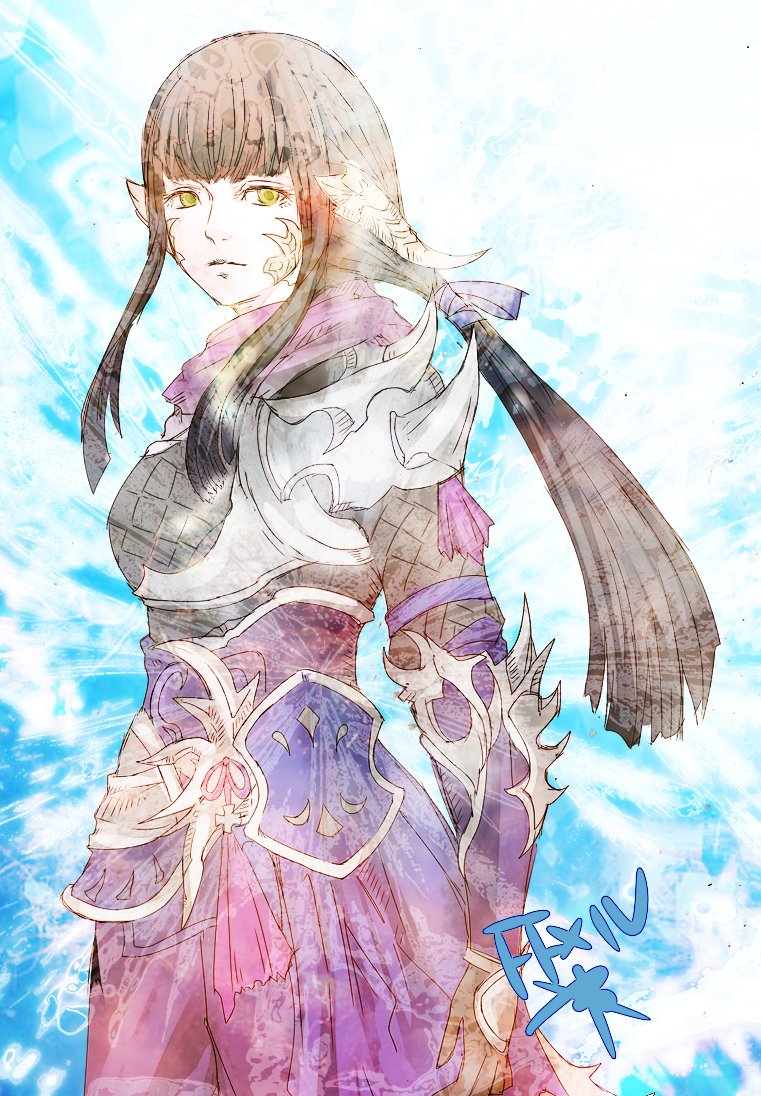ruka (blueplus84), yugiri mistwalker, final fantasy, final fantasy xiv, commentary request, 1girl, au ra, black gloves, black hair, copyright name, fishnets, gloves, green eyes, horns, long hair, motoyui, ponytail, purple scarf, scales, scarf, solo, white horns