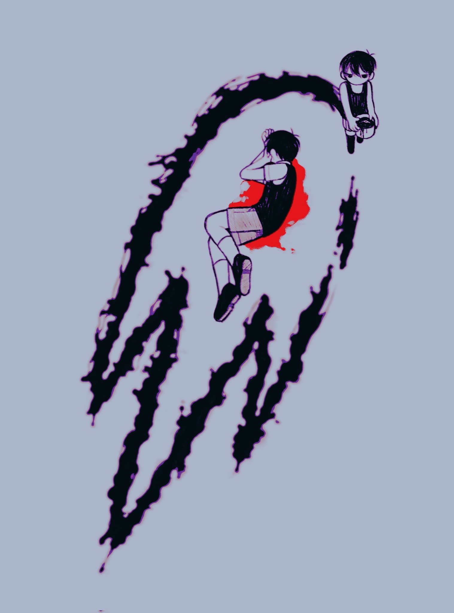 omo taru, omori (omori), something (omori), sunny (omori), omori, commentary, english commentary, highres, 2boys, antenna hair, bare arms, black eyes, black hair, black shoes, black socks, black sweater vest, black tank top, blood, blood on ground, blood splatter, brown shorts, collared shirt, colored skin, death, dual persona, full body, grey background, hair behind ear, hair between eyes, implied suicide, kneehighs, lying, multiple boys, no pupils, no shoes, on side, paint, paint can, shirt, shoes, short hair, short sleeves, shorts, sleeveless, socks, standing, sweater vest, tank top, walking, white shirt, white skin, white socks