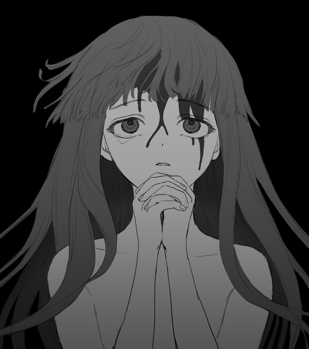 nasu (nasuotabe), furude rika, higurashi no naku koro ni, highres, 1girl, blood, blood on face, blunt bangs, crying, long hair, looking up, nude, praying, solo, tears, very long hair