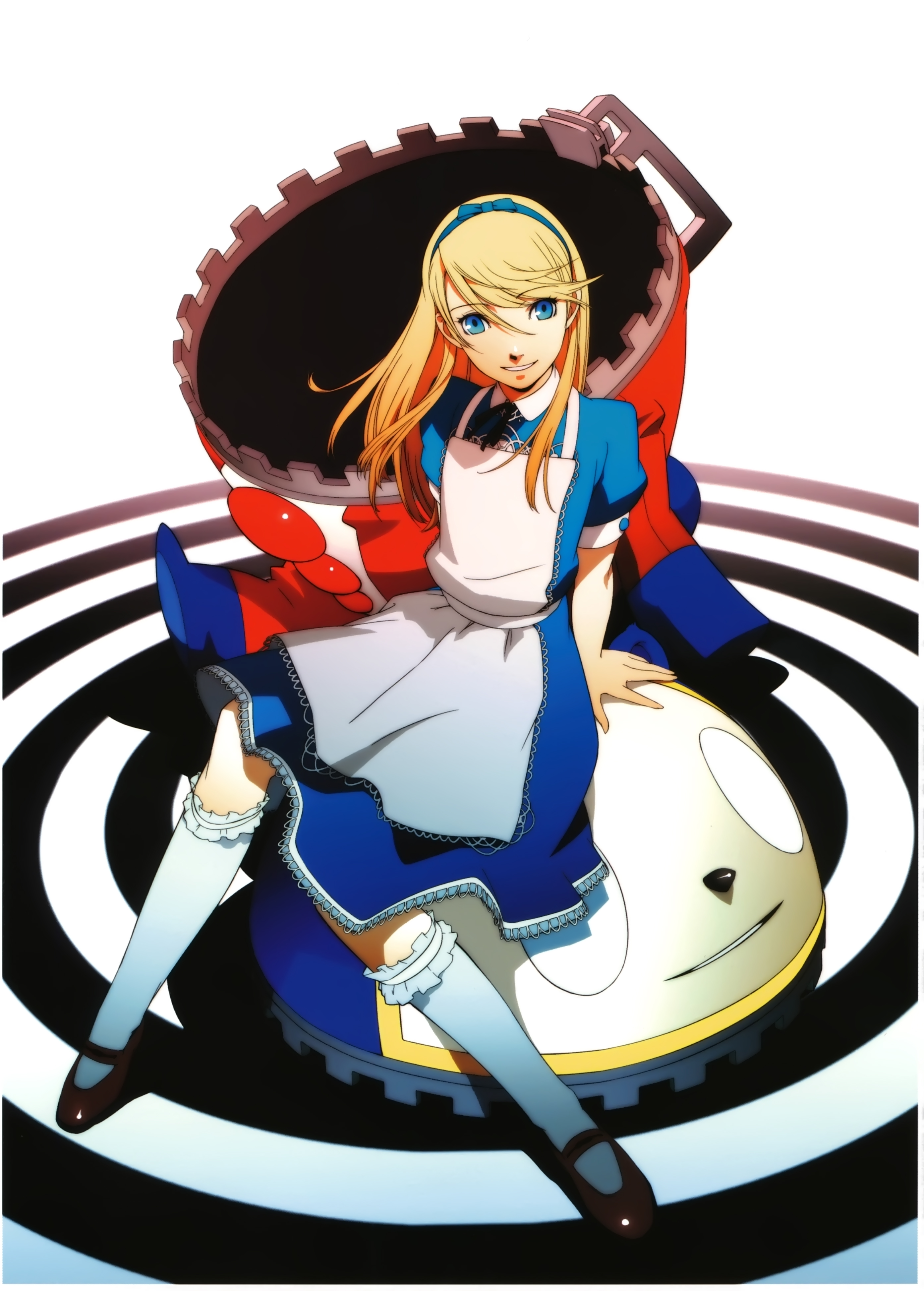soejima shigenori, alice (alice in wonderland), kuma (persona 4), alice's adventures in wonderland, persona, persona 4, absurdres, highres, official art, third-party source, 1boy, alice (alice in wonderland) (cosplay), blonde hair, blue eyes, cosplay, crossdressing, crossdressing (mtf), kneehighs, long hair, male focus, mary janes, official alternate costume, paint.net (medium), shoes, sitting, skirt, smile, socks, solo, trap