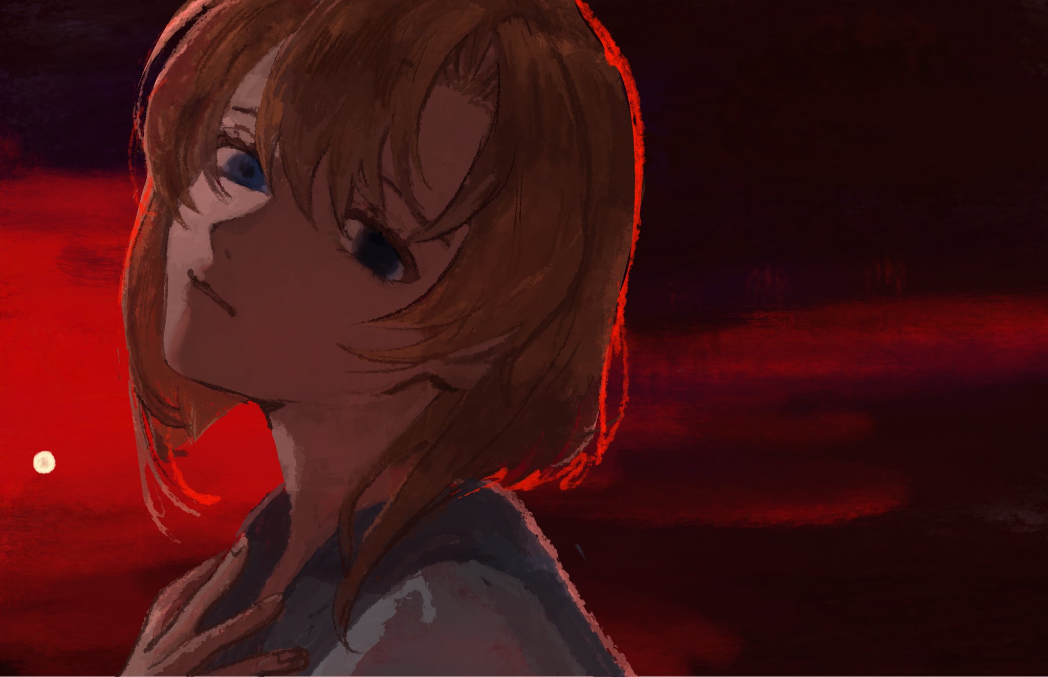 nasu (nasuotabe), ryuuguu rena, higurashi no naku koro ni, highres, 1girl, blue eyes, empty eyes, looking at viewer, moon, orange hair, red light, red sky, school uniform, shirt, short hair, sky, smile, solo