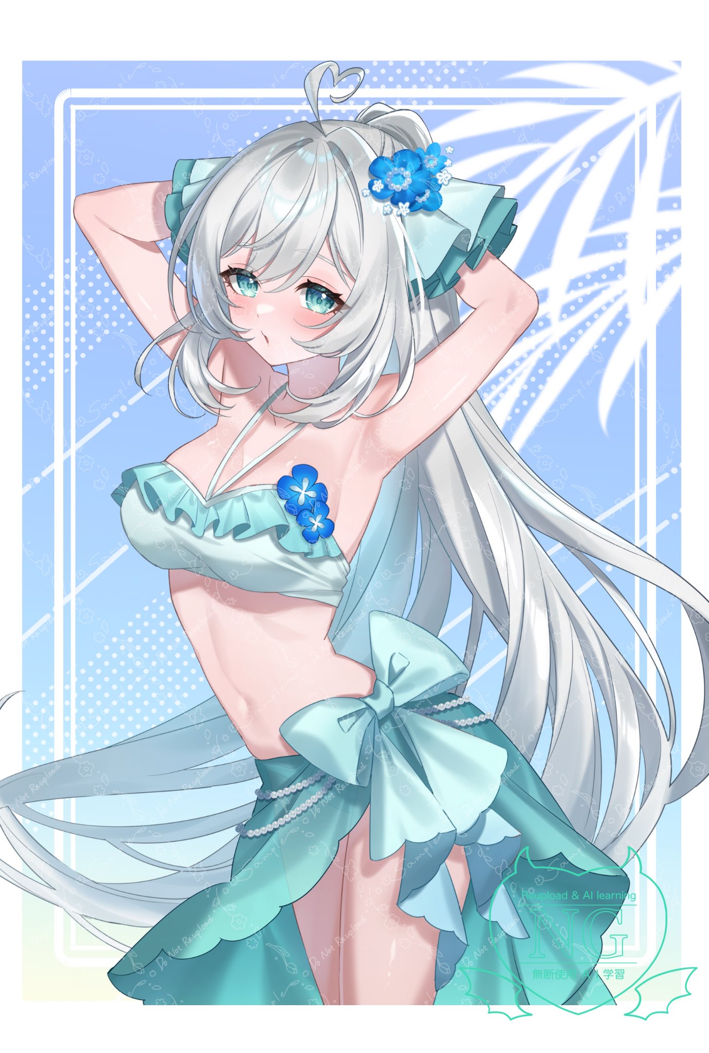 tatata n3b7, indie virtual youtuber, commentary request, commission, highres, skeb commission, 1girl, ahoge, aqua bikini, aqua bow, aqua eyes, aqua sarong, armpits, arms up, bikini, blue flower, bow, breasts, flower, grey hair, hair flower, hair ornament, heart, heart ahoge, jiu (vtuber), long hair, medium breasts, navel, ponytail, sarong, solo, swimsuit, virtual youtuber, watermark