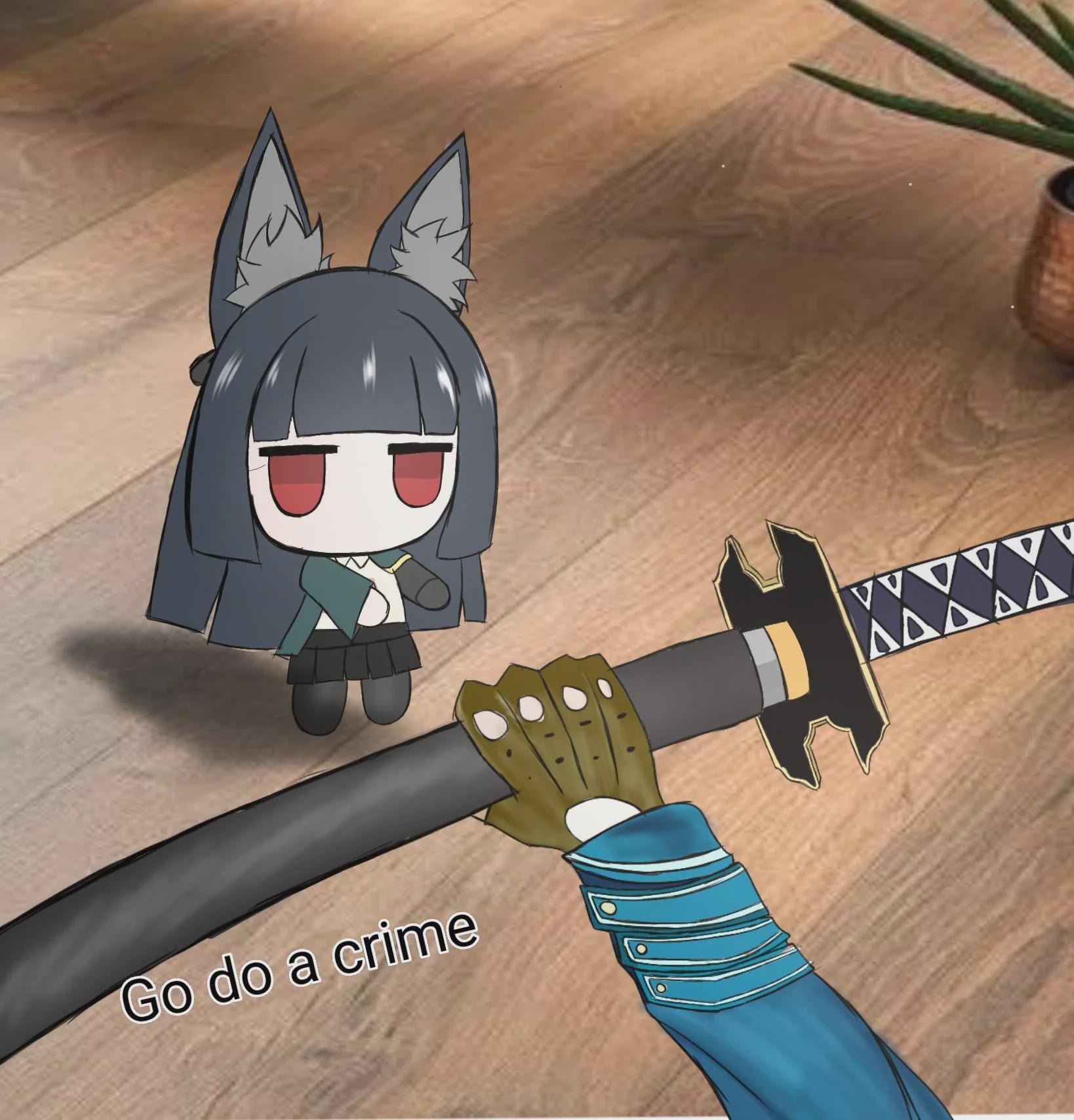 hoshimi miyabi, vergil (devil may cry), devil may cry (series), zenless zone zero, bad id, bad reddit id, commentary, english commentary, highres, 1boy, 1girl, animal ear fluff, animal ears, black hair, blunt bangs, chibi, fingerless gloves, fox ears, fox girl, gloves, go do a crime (meme), holding, holding sword, holding weapon, jacket, jitome, kogeta ssj4, long hair, meme, no mouth, red eyes, shirt, sidelocks, skirt, sword, weapon, white shirt
