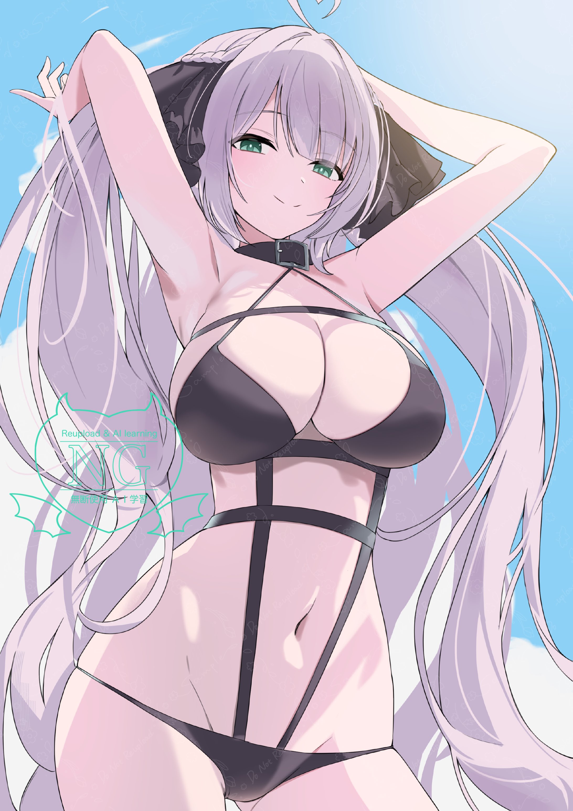 ev (dai00888), indie virtual youtuber, absurdres, commentary request, commission, highres, skeb commission, 1girl, ahoge, aqua eyes, armpits, arms up, belt collar, bikini, black bikini, breasts, cleavage, collar, grey hair, heart, heart ahoge, jiu (vtuber), large breasts, long hair, looking at viewer, navel, smile, solo, swimsuit, virtual youtuber, watermark