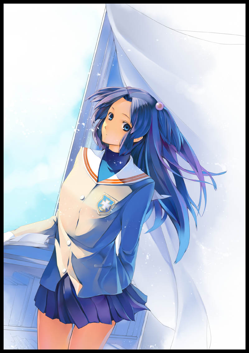 wolfour, ichinose kotomi, clannad, 00s, 1girl, blue eyes, blue hair, female focus, hair bobbles, hair ornament, indoors, long hair, matching hair/eyes, school uniform, skirt, sky, solo, two side up, wind
