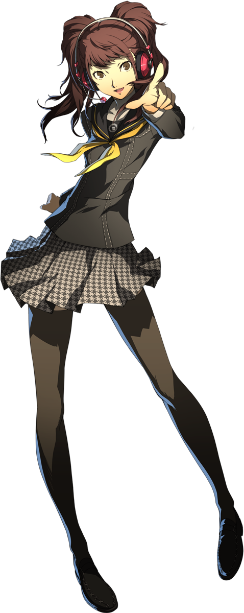 soejima shigenori, kujikawa rise, persona, persona 4, persona 4: the ultimate in mayonaka arena, highres, official art, third-party source, 1girl, breasts, brown eyes, brown hair, headset, long hair, looking at viewer, medium breasts, neckerchief, open mouth, pointing, school uniform, serafuku, skirt, smile, solo, thighhighs, twintails, yasogami school uniform, zettai ryouiki