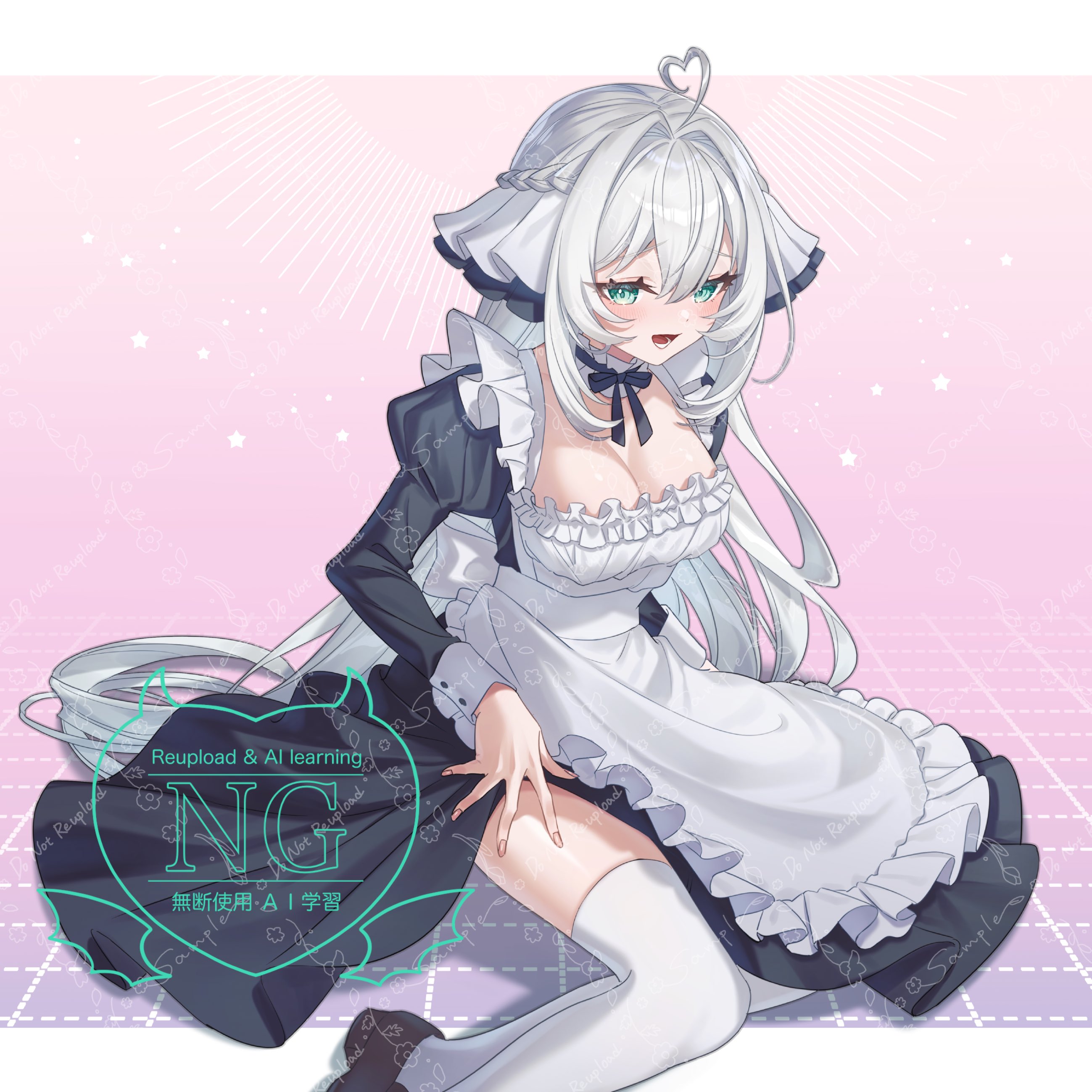 tatata n3b7, indie virtual youtuber, absurdres, commentary request, commission, highres, skeb commission, 1girl, ahoge, apron, aqua eyes, black dress, breasts, cleavage, detached collar, dress, grey hair, heart, heart ahoge, jiu (vtuber), large breasts, long hair, long sleeves, maid, maid apron, open mouth, solo, thighhighs, thighs, virtual youtuber, watermark, white apron, white thighhighs