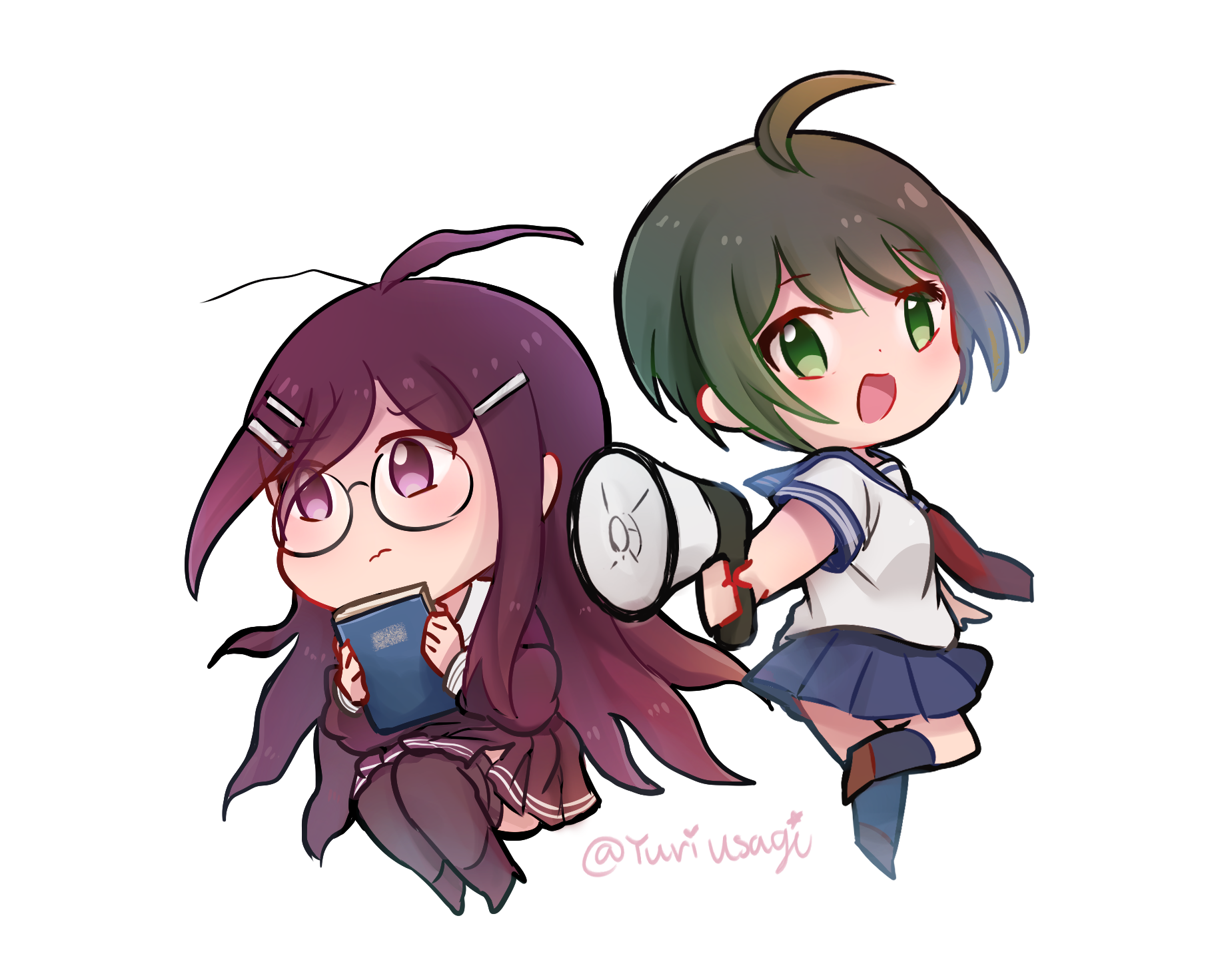 yuri-usagi, fukawa toko, naegi komaru, danganronpa (series), danganronpa another episode: ultra despair girls, commentary, highres, 2girls, ahoge, antenna hair, blue sailor collar, blue skirt, blue socks, book, brown shoes, chibi, chibi only, closed mouth, collared shirt, full body, glasses, green eyes, green hair, hair ornament, hairclip, high heels, holding, holding book, holding megaphone, long hair, long sleeves, megaphone, multiple girls, open mouth, purple eyes, purple hair, purple shirt, purple shoes, purple skirt, purple thighhighs, round eyewear, sailor collar, school uniform, serafuku, shirt, shoes, short hair, short sleeves, simple background, skirt, smile, socks, thighhighs, twitter username, white background, white shirt