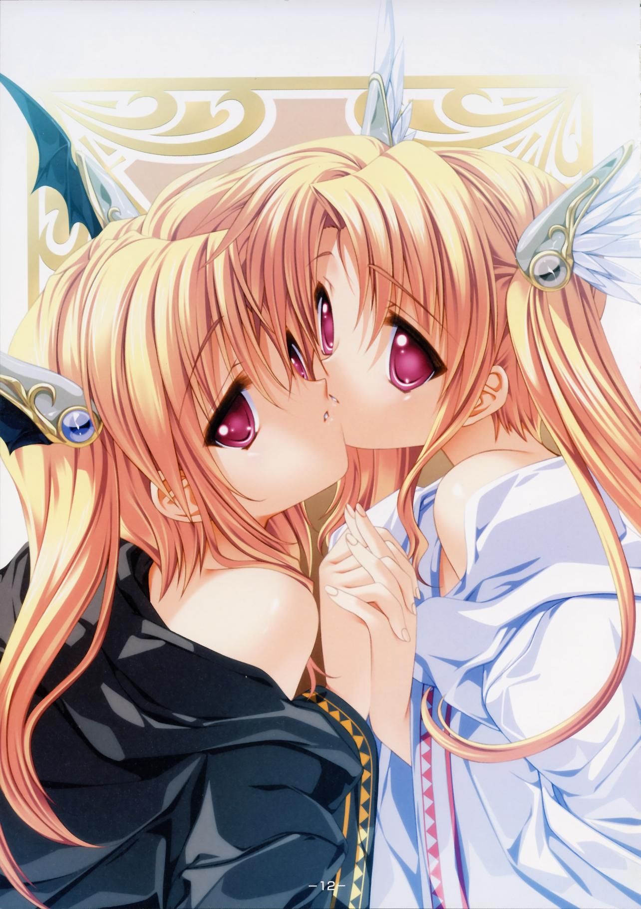 senomoto hisashi, nina geminis, rena geminis, magus tale, highres, 2girls, bare shoulders, blonde hair, hair ornament, holding hands, long hair, multiple girls, pink eyes, siblings, sisters, twins, twintails, wide sleeves, wings, yuri