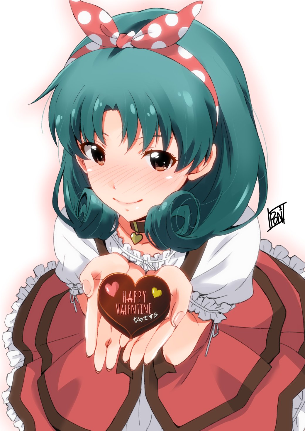 ponpon, tokugawa matsuri, idolmaster, idolmaster million live!, commentary request, highres, 1girl, blush, brown eyes, candy, chocolate, chocolate heart, closed mouth, dress, fingernails, food, green hair, happy valentine, heart, heart-shaped food, heart collar, holding, holding chocolate, holding food, incoming food, looking at viewer, polka dot hairband, red dress, short sleeves, smile, solo, valentine