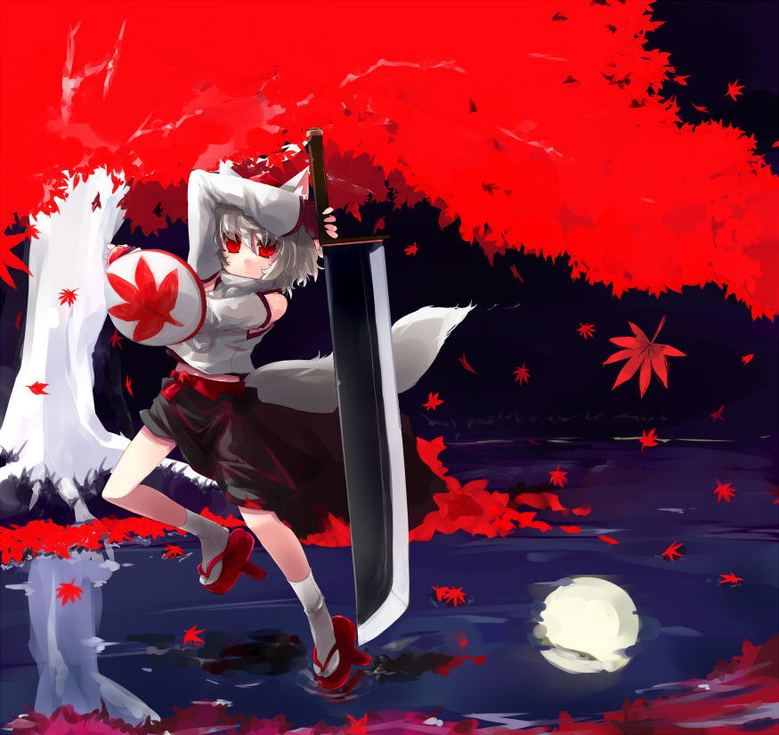 shin (new), inubashiri momiji, touhou, silver hair, 1girl, animal ears, autumn, detached sleeves, female focus, geta, hat, leaf, maple leaf, midriff, moon, red eyes, reflection, shield, short hair, skirt, solo, sword, tabi, tail, tengu-geta, tokin hat, tree, water, weapon, wolf ears, wolf tail