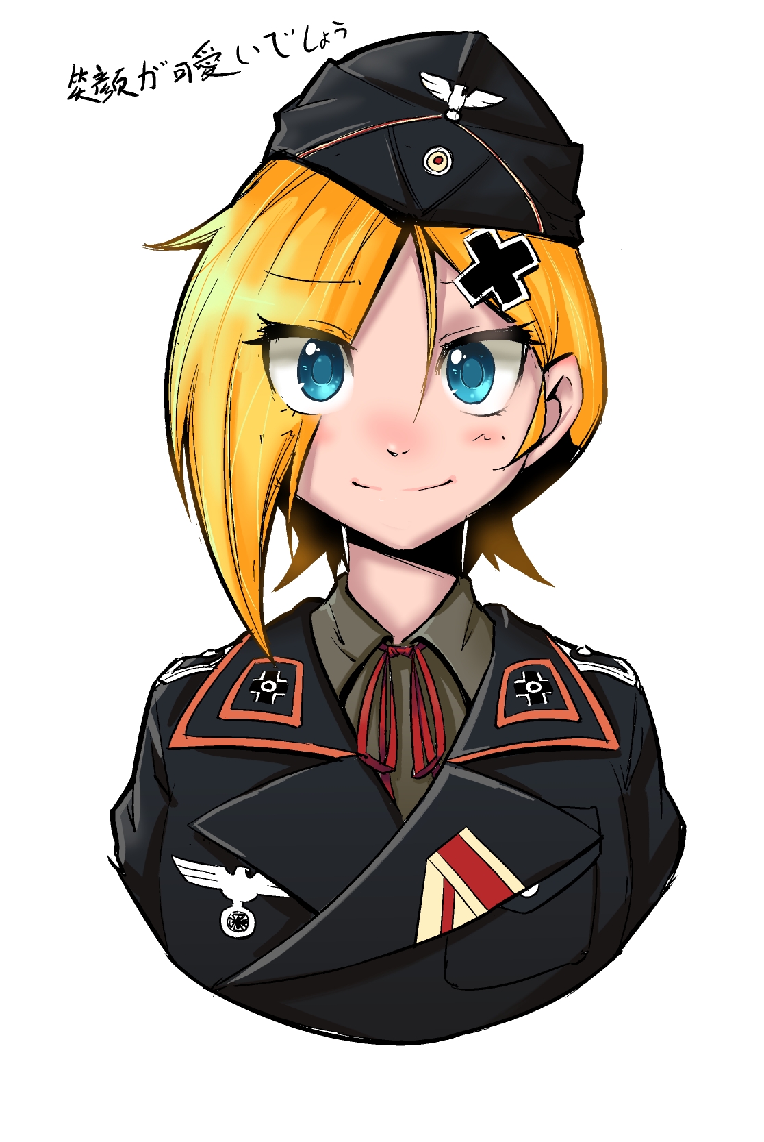 dayue, original, commentary request, highres, 1girl, black jacket, blonde hair, blue eyes, closed mouth, cross, eyes visible through hair, german army, hat, iron cross, jacket, looking at viewer, military hat, military jacket, military uniform, short hair, simple background, smile, solo, upper body, white background