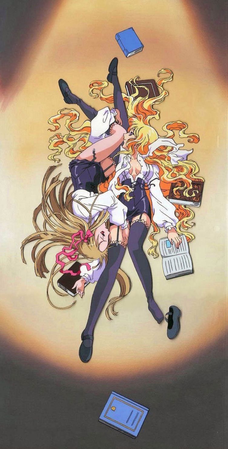 azuma hatsumi, lilith (yamibou), yami to boushi to hon no tabibito, anime screenshot, highres, jpeg artifacts, official art, 00s, 2girls, black thighhighs, blonde hair, book, breasts, garter straps, hair ribbon, large breasts, legs, long hair, lying, mary janes, multiple girls, no bra, open clothes, open shirt, panties, pencil skirt, profile, purple eyes, red eyes, ribbon, shirt, shoes, skirt, thighhighs, underwear, very long hair, yuri, zettai ryouiki