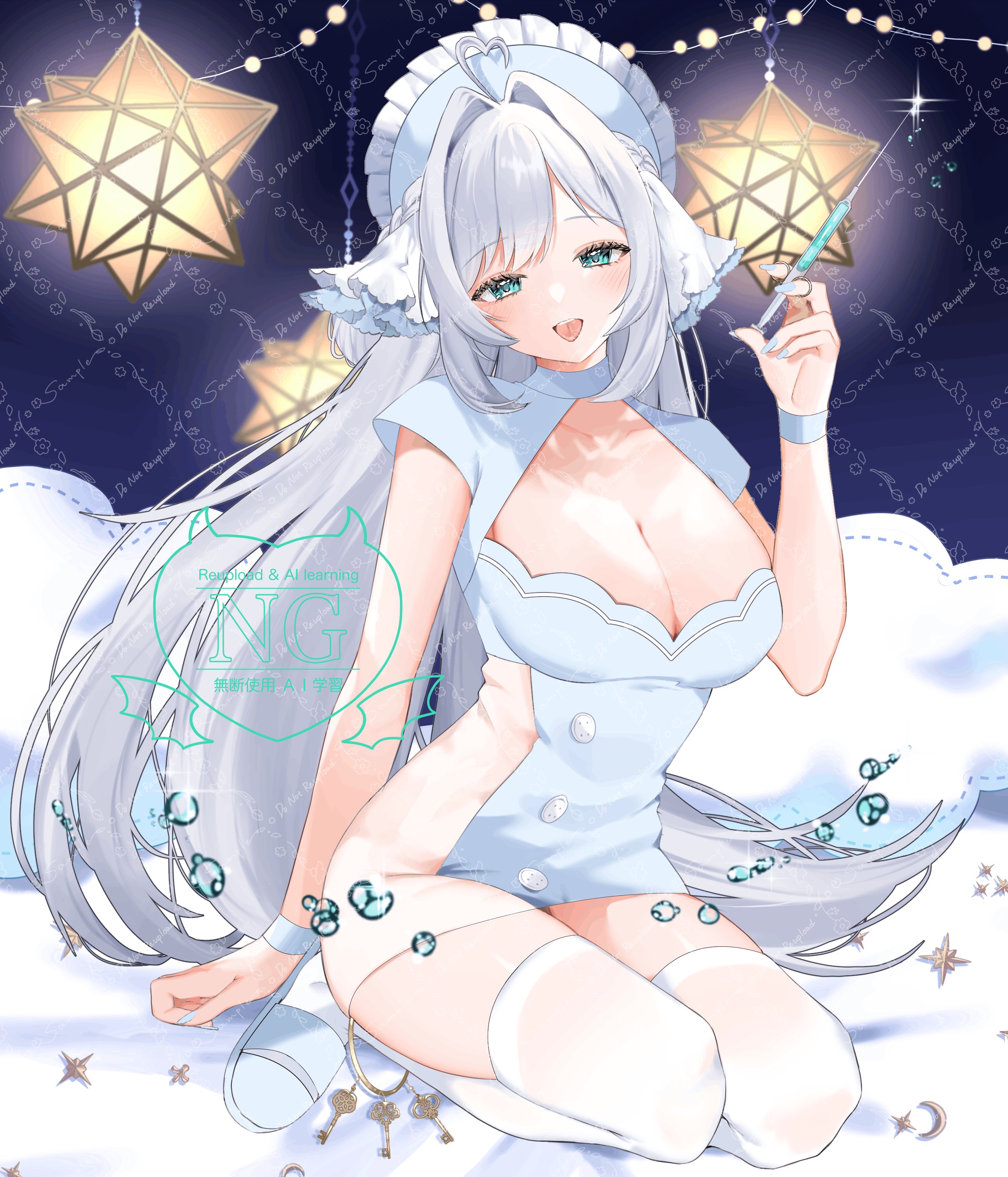 azuki anko, indie virtual youtuber, absurdres, commentary request, commission, highres, skeb commission, 1girl, ahoge, aqua eyes, blue shirt, breasts, cleavage, grey hair, heart, heart ahoge, holding, holding syringe, jiu (vtuber), large breasts, long hair, looking at viewer, nurse, open mouth, shirt, short sleeves, sitting, solo, syringe, thighhighs, virtual youtuber, watermark, white thighhighs