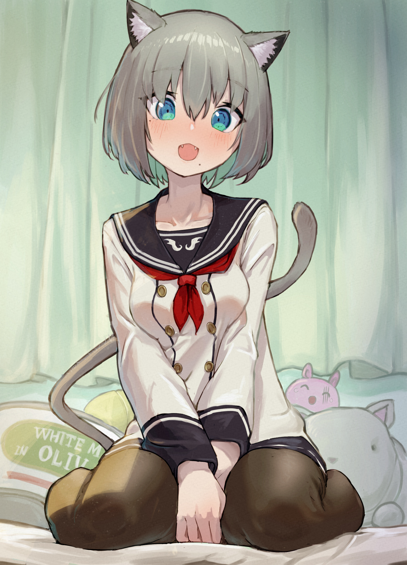 bouhuman, original, commentary request, commission, highres, skeb commission, 1girl, animal ear fluff, animal ears, between legs, black pantyhose, black sailor collar, blue eyes, blush, breasts, cat ears, cat girl, cat tail, collarbone, curtains, english text, fangs, grey hair, hair between eyes, hand between legs, indoors, long sleeves, looking at viewer, mole, mole under eye, mole under mouth, neckerchief, on bed, open mouth, pantyhose, red neckerchief, sailor collar, school uniform, serafuku, shirt, shoes, sitting, small breasts, solo, stuffed animal, stuffed toy, tail, white shirt