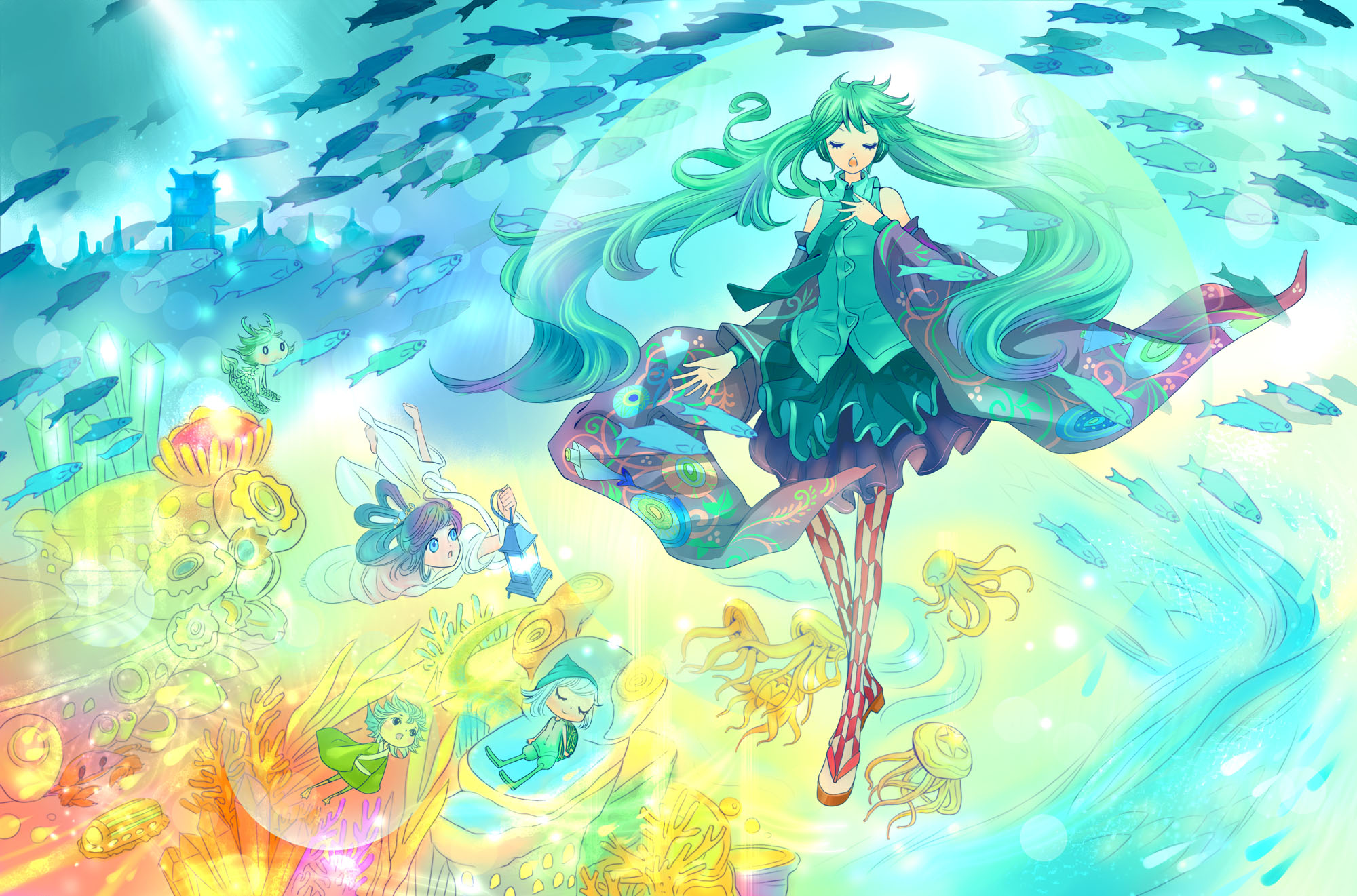 grayfair, hatsune miku, vocaloid, highres, 1girl, bare shoulders, bubble, closed eyes, detached sleeves, female focus, fins, fish, frills, gathers, green hair, jellyfish, light particles, long hair, music, necktie, scales, singing, skirt, sleeveless, solo, thighhighs, twintails, underwater, very long hair, wide sleeves