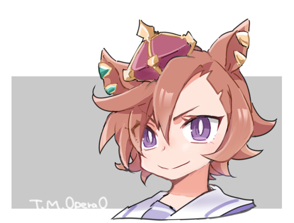 beer hsk, t.m. opera o (umamusume), umamusume, commentary request, >:), 1girl, animal ears, brown hair, character name, closed mouth, cropped shoulders, crown, grey background, hair between eyes, horse ears, looking at viewer, mini crown, portrait, purple eyes, school uniform, short hair, smile, solo, tracen school uniform, two-tone background, v-shaped eyebrows, white background