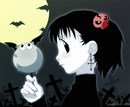 lowres, bat (animal), black eyes, black hair, halloween, moon, night, pale skin, solo