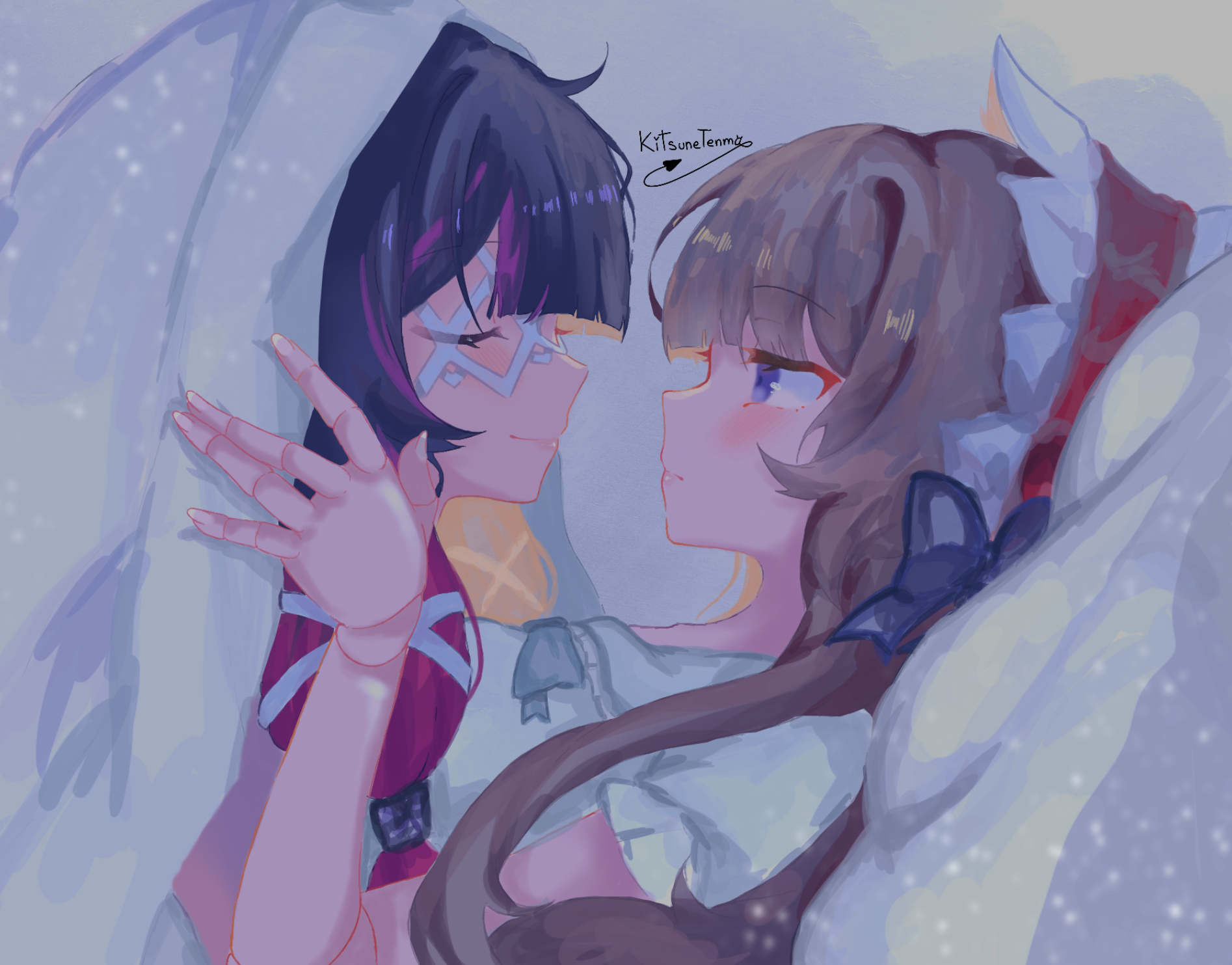 columbina (genshin impact), sandrone (genshin impact), genshin impact, commentary, highres, 2girls, artist name, black hair, blue eyes, brown hair, closed eyes, closed mouth, doll joints, dress, joints, kitsunetenma, looking at another, multiple girls, profile, purple streaks, smile, white dress, white headdress, yuri