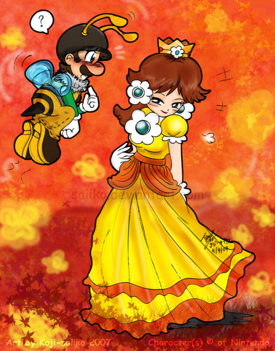 saiiko, luigi, princess daisy, mario (series), nintendo, super mario bros. 1, super mario galaxy, super mario land, 1boy, 1girl, bee, blush, breasts, brown hair, bug, costume, couple, crown, dress, earrings, flower earrings, flying, hat, insect, jewelry, netorare, orange dress, smile, standing, tomboy, wings