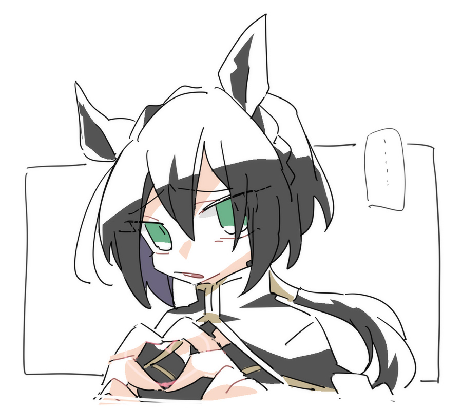 beer hsk, kin'iro ryotei (umamusume), umamusume, commentary request, …, 1girl, animal ears, black capelet, black dress, black hair, braid, capelet, cropped torso, crown braid, dress, green eyes, hands up, heart, heart hands, horse ears, looking at viewer, low ponytail, multicolored hair, parted lips, ponytail, purple hair, simple background, solo, spoken ellipsis, two-tone hair, upper body, white background