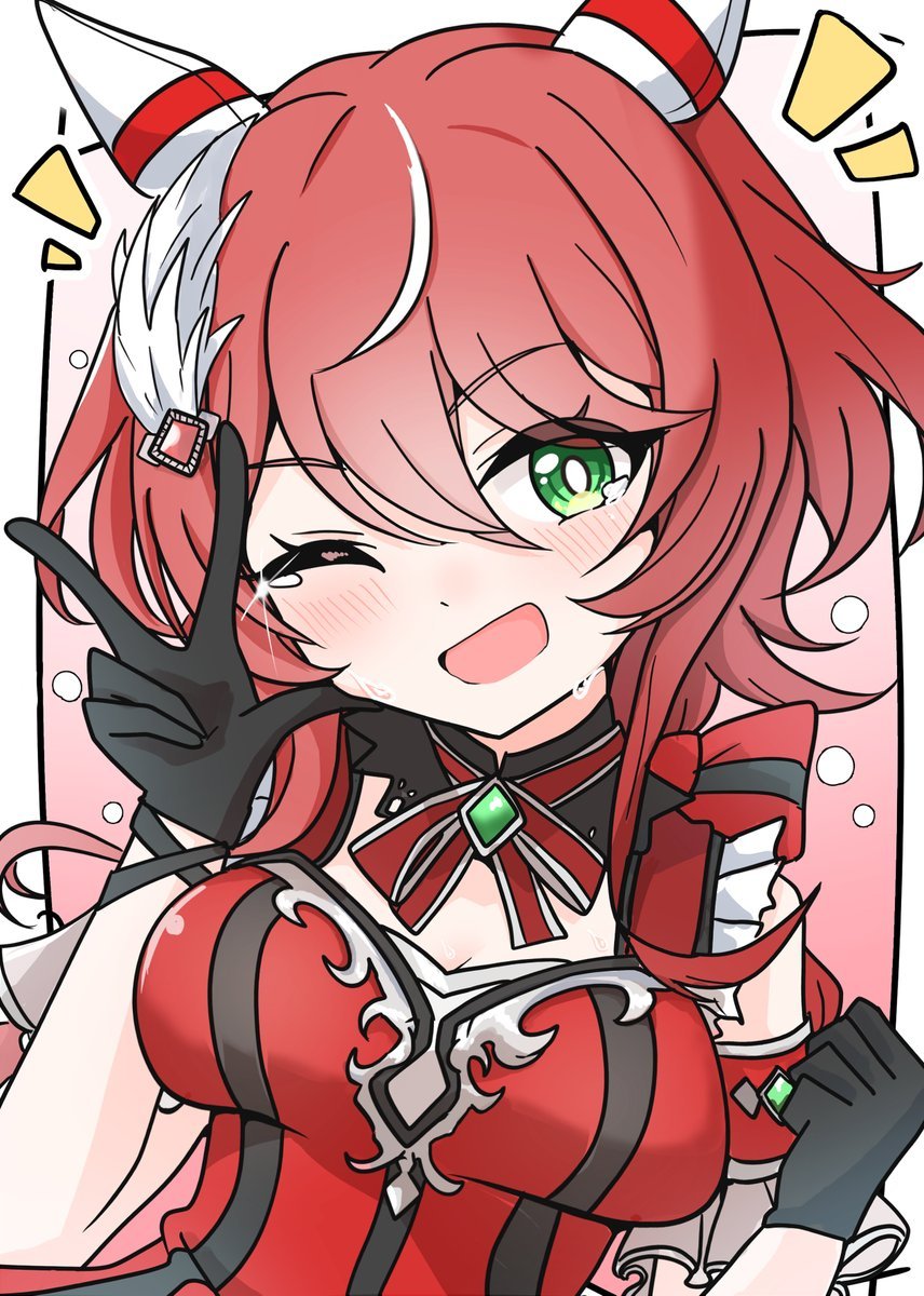 arnolddayo, win variation (dramatic tutu) (umamusume), win variation (umamusume), umamusume, commentary request, highres, 1girl, animal ears, blush, bow, breasts, dress, ear covers, ear ornament, feather hair ornament, feathers, gem, gloves, green eyes, green gemstone, hair between eyes, hair ornament, horse ears, horse girl, large breasts, long hair, looking at viewer, one eye closed, open mouth, red bow, red dress, red hair, sleeveless, smile, solo, sweat, upper body, w