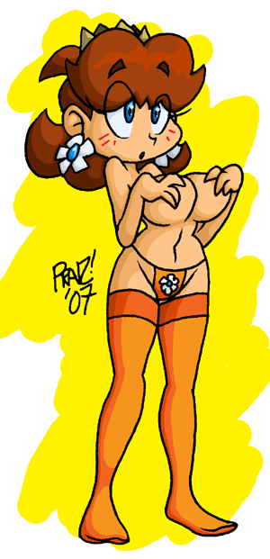 princess daisy, mario (series), nintendo, super mario bros. 1, super mario land, blush, breasts, cleavage, covering privates, crown, panties, topless female, underwear