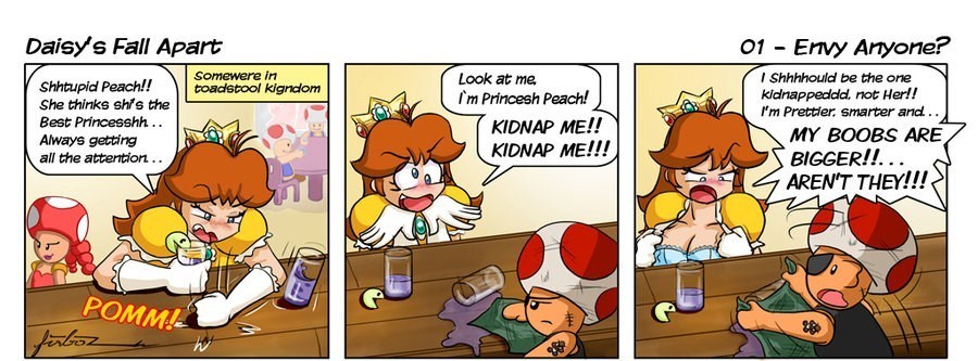 furboz, princess daisy, toad (mario), toadette, mario (series), nintendo, super mario bros. 1, super mario land, hard-translated, third-party edit, translated, 2girls, 3boys, artist name, bartender, blush, bra, breasts, brown hair, cleavage, crown, dress, drunk, english text, eyepatch, flashing, gem, glass, gloves, large breasts, long hair, mini crown, multiple boys, multiple girls, princess, scar, speech bubble, spill, tattoo, truth, underwear, undressing