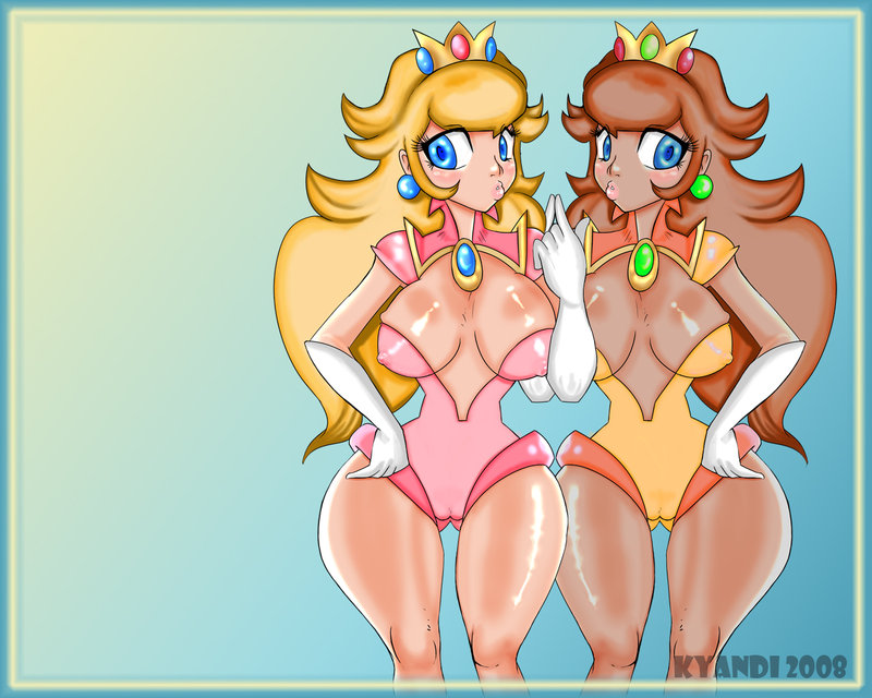 kyandi, princess daisy, princess peach, mario (series), nintendo, super mario bros. 1, super mario land, 2girls, blonde hair, blue eyes, blush, breasts, brown hair, cameltoe, cleavage, crown, dark-skinned female, dark skin, earrings, gloves, interracial, jewelry, large breasts, long hair, multiple girls, one-piece swimsuit, princess, swimsuit, thick thighs, thighs