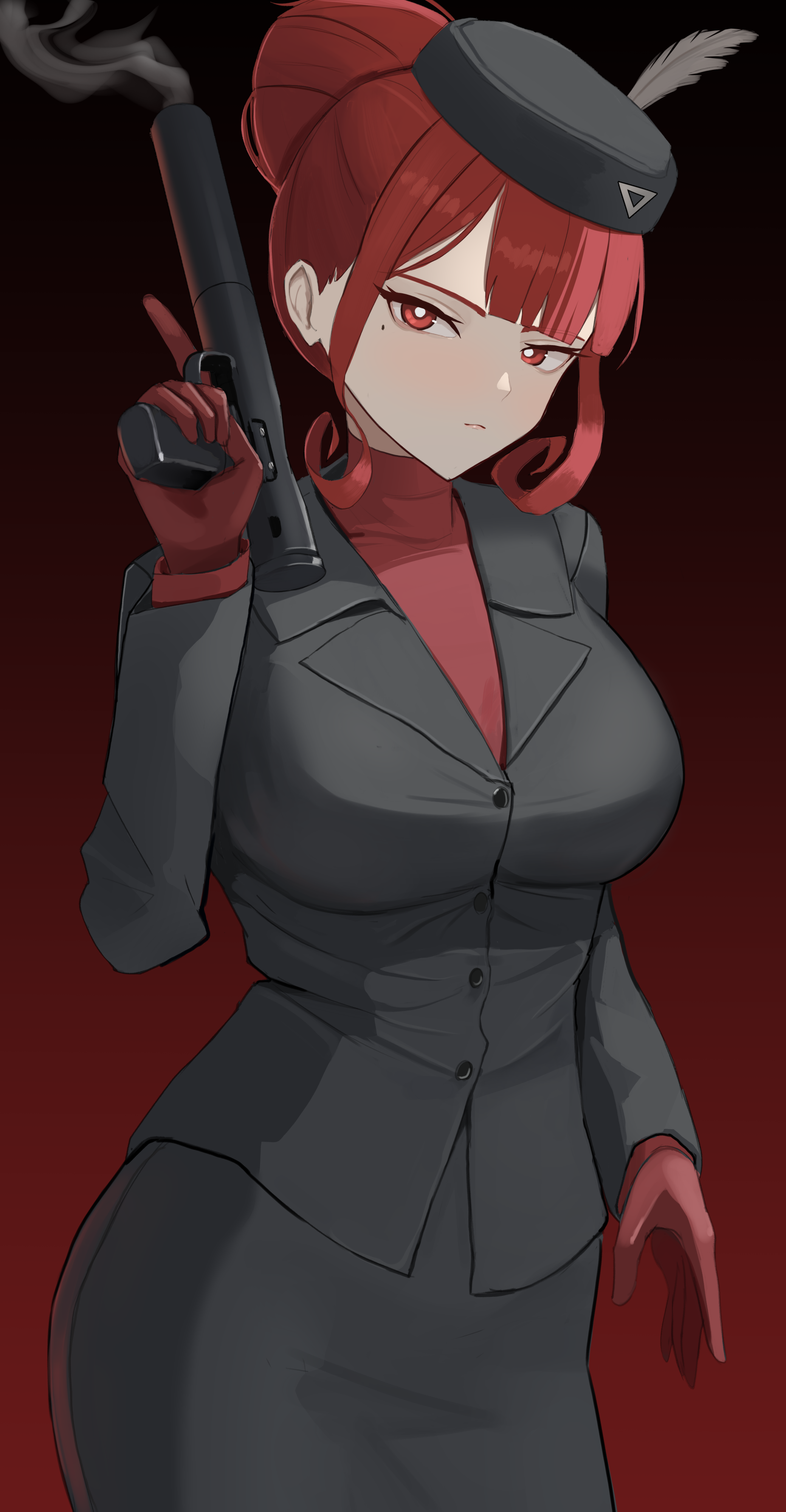 klottinen, original, absurdres, commentary, english commentary, highres, 1girl, aiming up, black hat, black jacket, black skirt, blunt bangs, bolt action, breasts, buttons, closed mouth, cowboy shot, gloves, gradient background, gun, hair bun, handgun, hat, hat feather, holding, holding gun, holding weapon, jacket, lapels, large breasts, light frown, long sleeves, looking at viewer, medium hair, mole, mole under eye, red background, red eyes, red gloves, red hair, red sweater, sidelocks, skirt, smoke, smoking barrel, solo, standing, sweater, trigger discipline, turtleneck, weapon, welrod