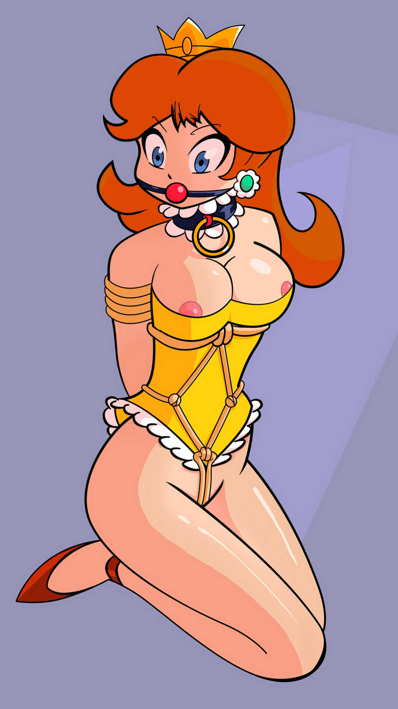 atomictiki, princess daisy, mario (series), nintendo, super mario bros. 1, super mario land, highres, 1girl, arms behind back, ball gag, bdsm, blue eyes, bondage, bound, breasts, collar, covering privates, gag, nipples, orange hair, rope