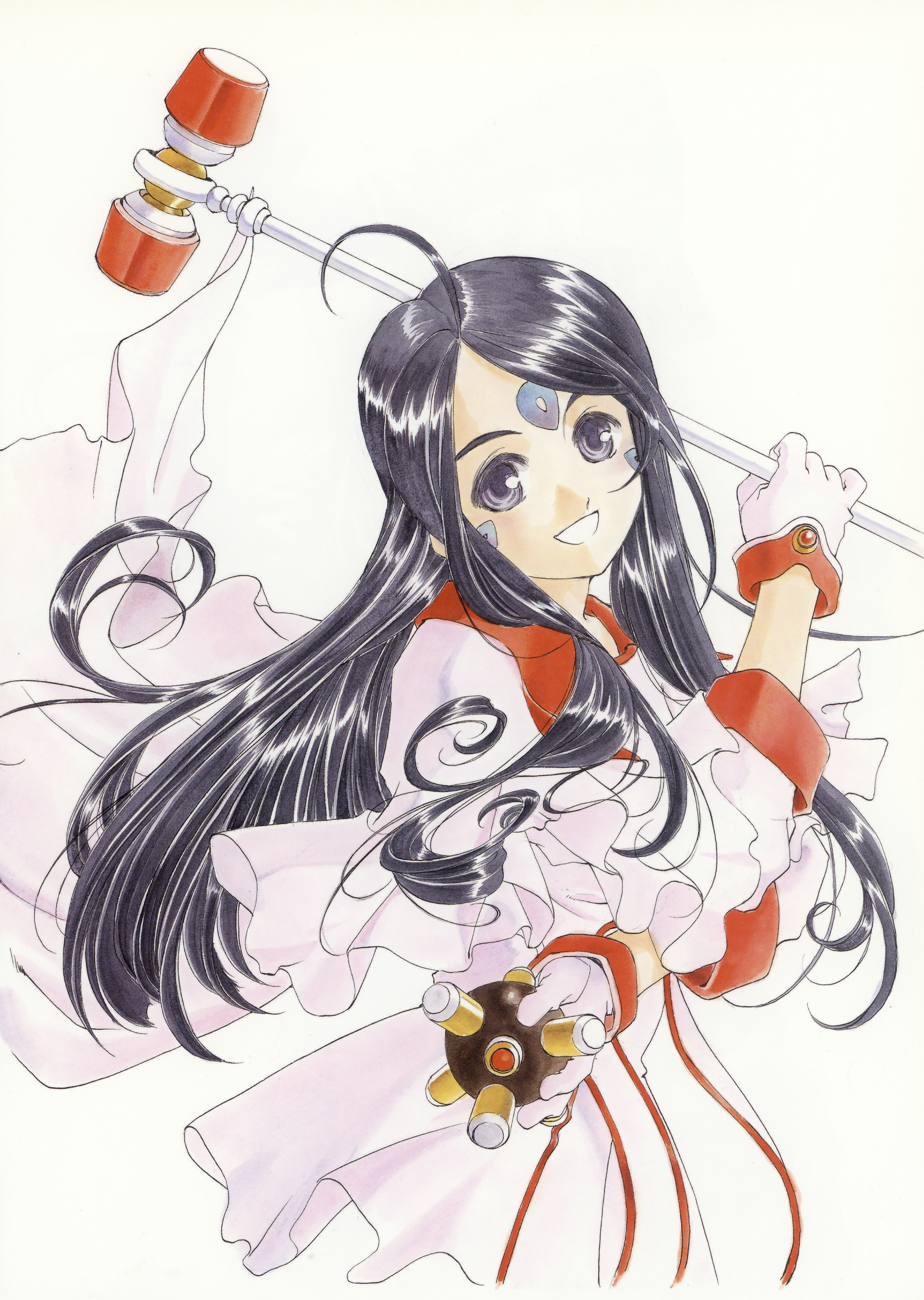 skuld (aa megami-sama), aa megami-sama, absurdres, highres, non-web source, official art, scan, 1girl, black hair, brown eyes, dress, facial mark, forehead mark, gloves, hammer, holding, holding hammer, jewelry, long hair, looking at viewer, red dress, self-scan, smile, solo, very long hair, white background
