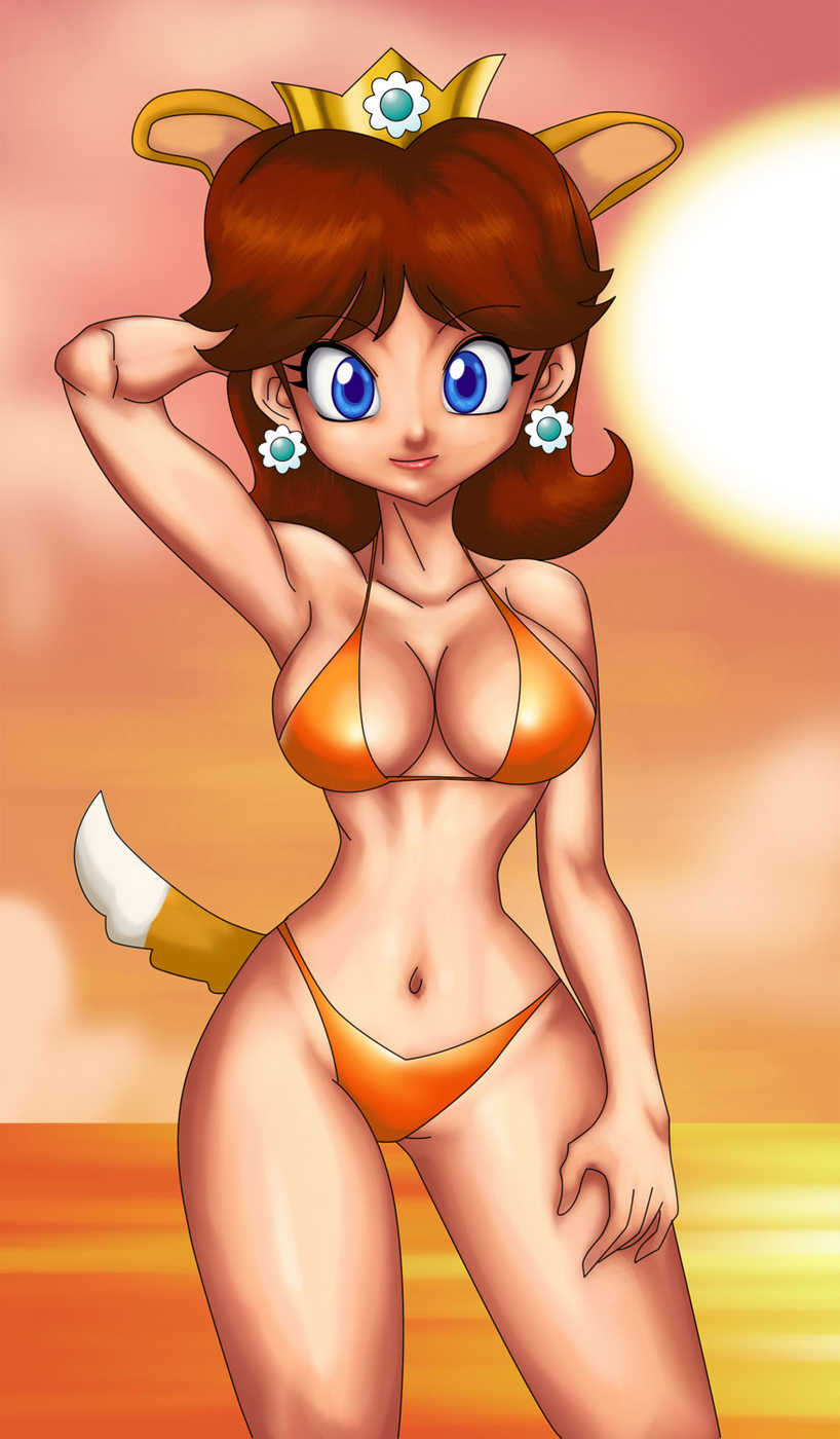 princess daisy, mario (series), nintendo, super mario bros. 1, super mario land, highres, jpeg artifacts, animal ears, bikini, breasts, cleavage, smile, swimsuit, tail