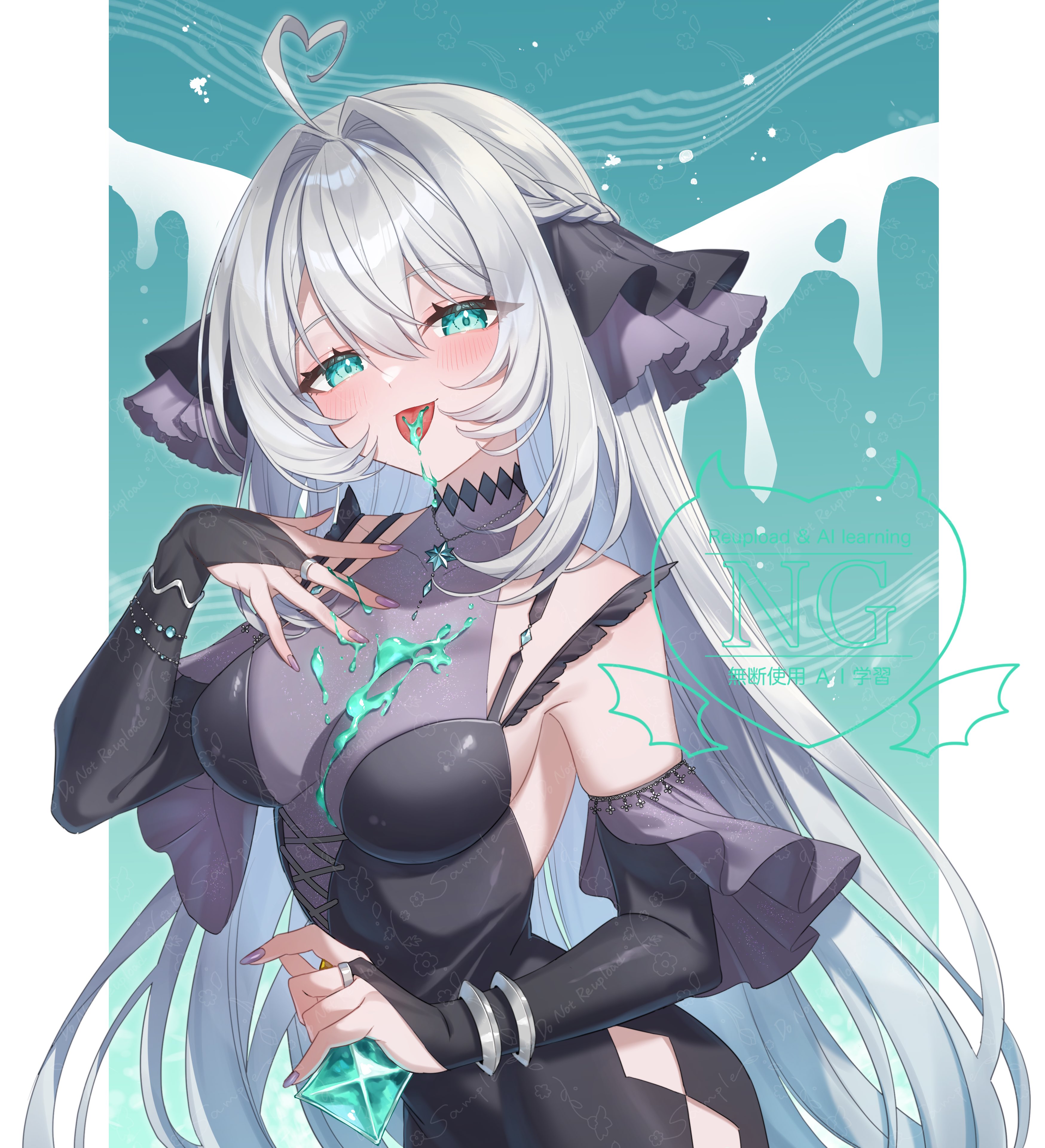 tatata n3b7, indie virtual youtuber, absurdres, commentary request, commission, highres, skeb commission, 1girl, ahoge, aqua eyes, bare shoulders, black bridal gauntlets, black dress, black gloves, breasts, bridal gauntlets, cleavage, dress, elbow gloves, gloves, grey hair, halterneck, heart, heart ahoge, jiu (vtuber), liquid, long hair, looking at viewer, medium breasts, solo, tongue, tongue out, upper body, virtual youtuber, watermark