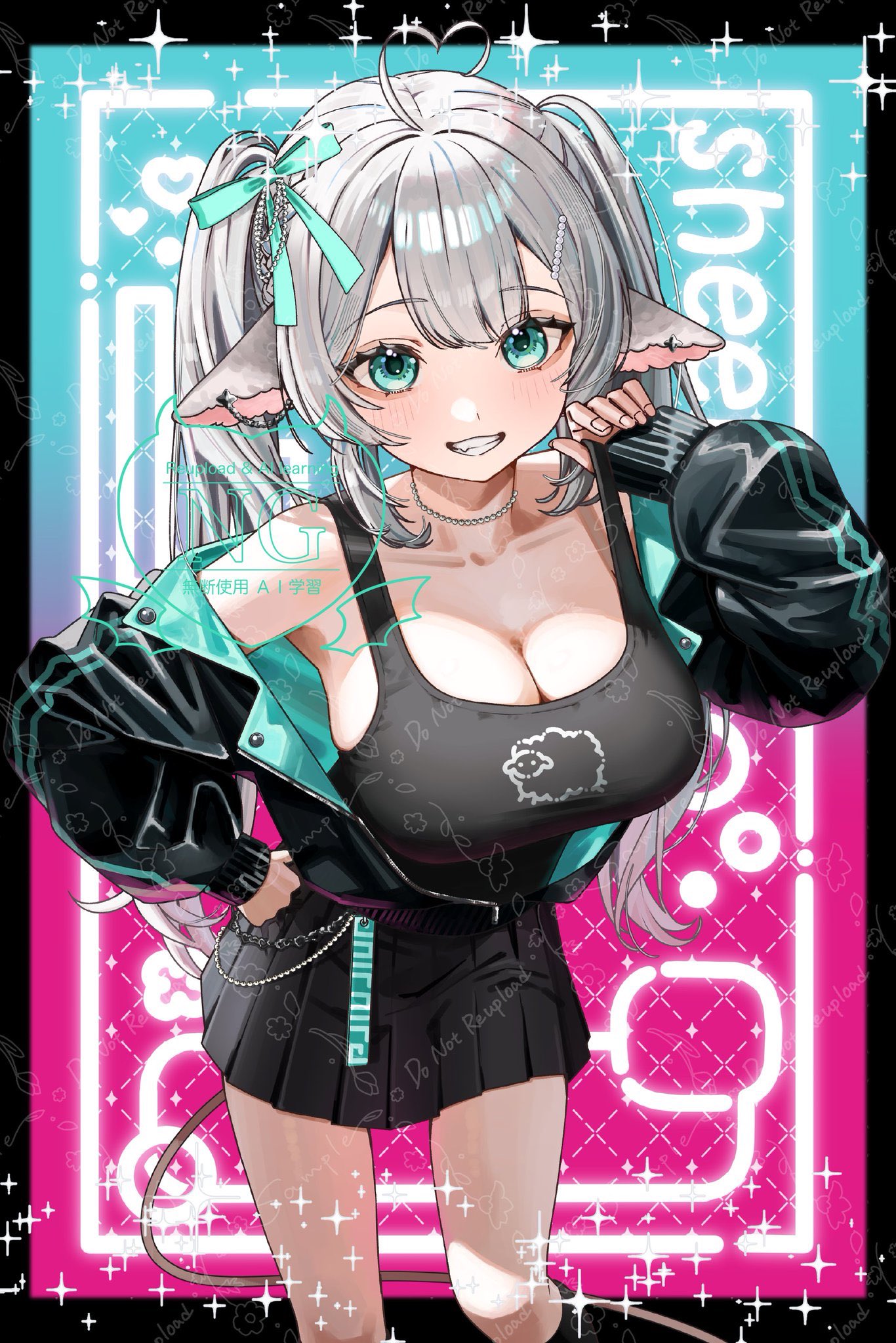 miiliin, indie virtual youtuber, commentary request, commission, highres, skeb commission, 1girl, ahoge, animal ears, aqua eyes, aqua ribbon, black jacket, black skirt, black tank top, breasts, cleavage, collarbone, grey hair, hair ribbon, heart, heart ahoge, jacket, jiu (vtuber), large breasts, long hair, long sleeves, looking at viewer, off shoulder, ribbon, skirt, smile, solo, tank top, teeth, twintails, virtual youtuber, watermark