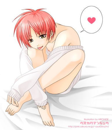 hirohide, hiro (usukawa), lowres, 1boy, :p, bed, bottomless, crossed legs, heart, male focus, pink hair, shota, sitting, solo, tongue, tongue out