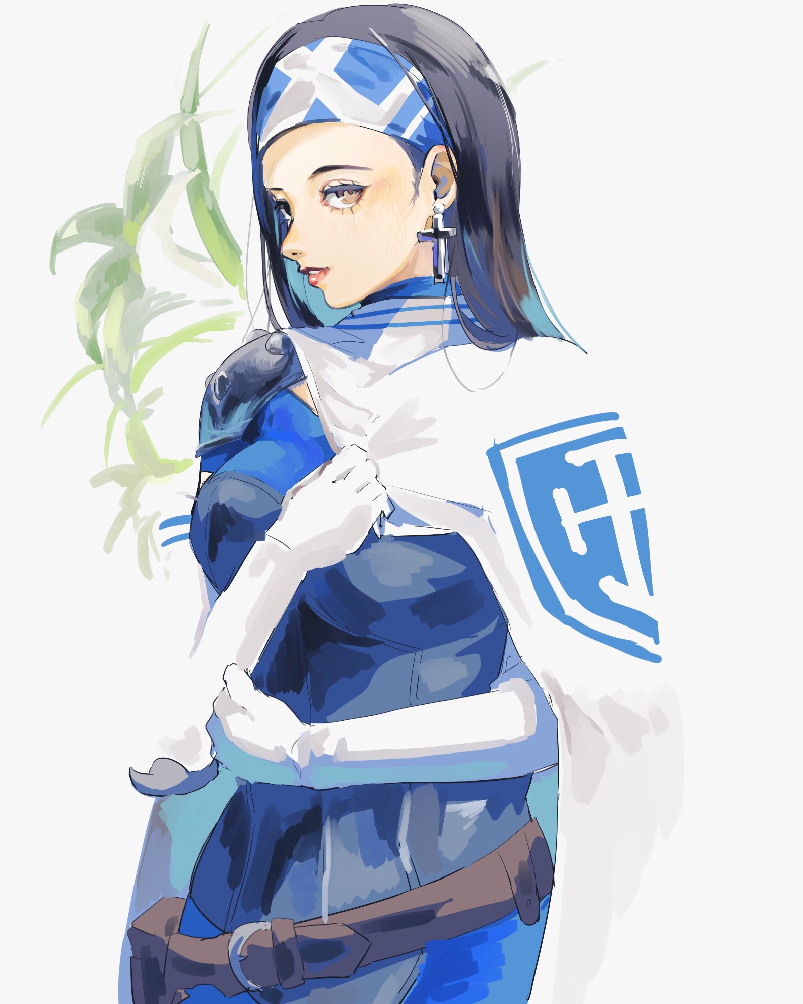 4me3ba niku, beth (megami tensei), shin megami tensei, shin megami tensei ii, highres, 1girl, armor, belt, black hair, black headband, blue shirt, cape, cross, cross earrings, earrings, flower, gloves, hand on own chest, headband, jewelry, long hair, looking at viewer, red lips, shirt, shoulder armor, solo, white background, white cape, white gloves, yellow eyes