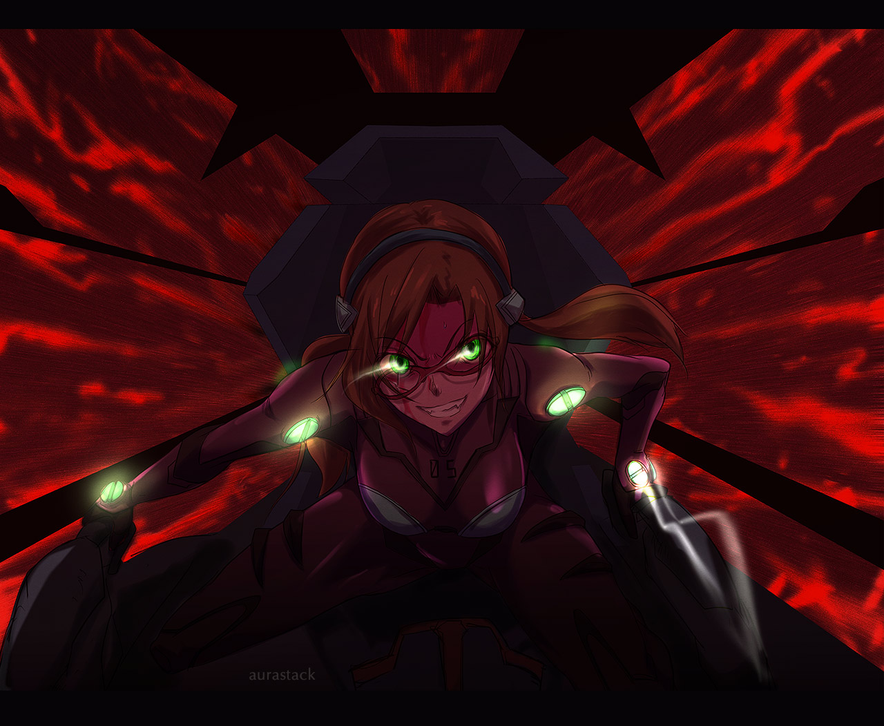 aurastack, makinami mari illustrious, evangelion: 2.0 you can (not) advance, neon genesis evangelion, rebuild of evangelion, 00s, 1girl, blood, brown hair, eye trail, female focus, glasses, glowing, glowing eyes, green eyes, grin, hairband, light trail, long hair, mecha pilot suit, plugsuit (evangelion), red theme, smile, solo, twintails
