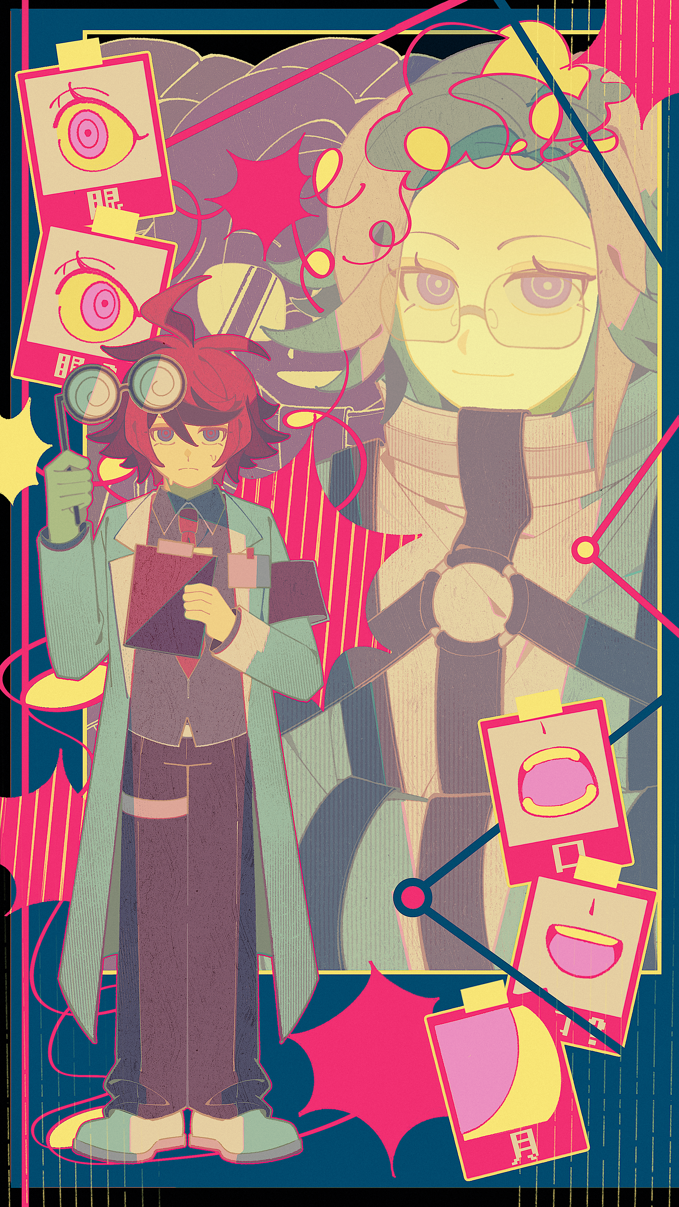 aotsuki eito, sumino takumi, the hundred line -last defense academy-, absurdres, chinese commentary, commentary request, highres, 2boys, ahoge, alternate costume, armband, black armband, black pants, blue eyes, bright pupils, clipboard, coat, coke-bottle glasses, doctor, glasses, grey hair, grey shirt, holding, holding clipboard, holding removed eyewear, looking at viewer, male focus, multicolored hair, multiple boys, necktie, pants, photo (object), purple eyes, red hair, red necktie, red pupils, ringed eyes, shirt, shoes, short hair, smile, straitjacket, streaked hair, sweat, unworn eyewear, white coat, white pupils, white shoes, zheidaxuewoshifeishangbukema