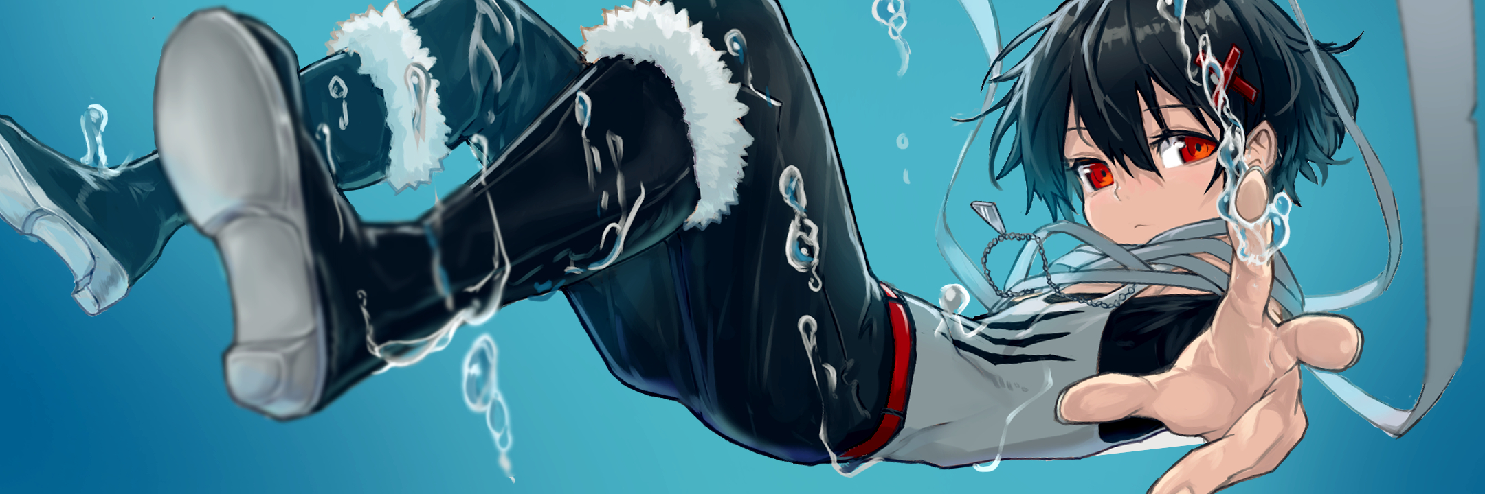 bouhuman, original, commission, highres, skeb commission, 1boy, air bubble, bandages, belt, black boots, black hair, boots, bubble, cross hair ornament, fur-trimmed boots, fur trim, grey shirt, hair between eyes, hair ornament, jewelry, necklace, pants, reaching, reaching towards viewer, red belt, red eyes, shirt, underwater