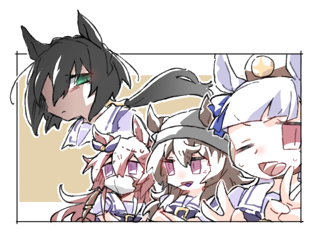 beer hsk, gold ship (umamusume), kin'iro ryotei (umamusume), nakayama festa (umamusume), orfevre (old design) (umamusume), umamusume, commentary request, 4girls, :>, ;d, animal ears, beanie, black hair, blue bow, bow, brown background, brown hat, chibi, closed mouth, crossed arms, double v, ear bow, ear ribbon, ears through headwear, food in mouth, green eyes, grey hair, grey hat, hair between eyes, hat, long hair, low ponytail, mask, mini hat, mouth mask, multiple girls, one eye closed, open mouth, outline, parted lips, ponytail, puffy short sleeves, puffy sleeves, purple bow, purple eyes, purple ribbon, purple shirt, red eyes, ribbon, school uniform, shirt, short sleeves, smile, sweat, tracen school uniform, triangle mouth, two-tone background, v, v-shaped eyebrows, very long hair, white background, white outline