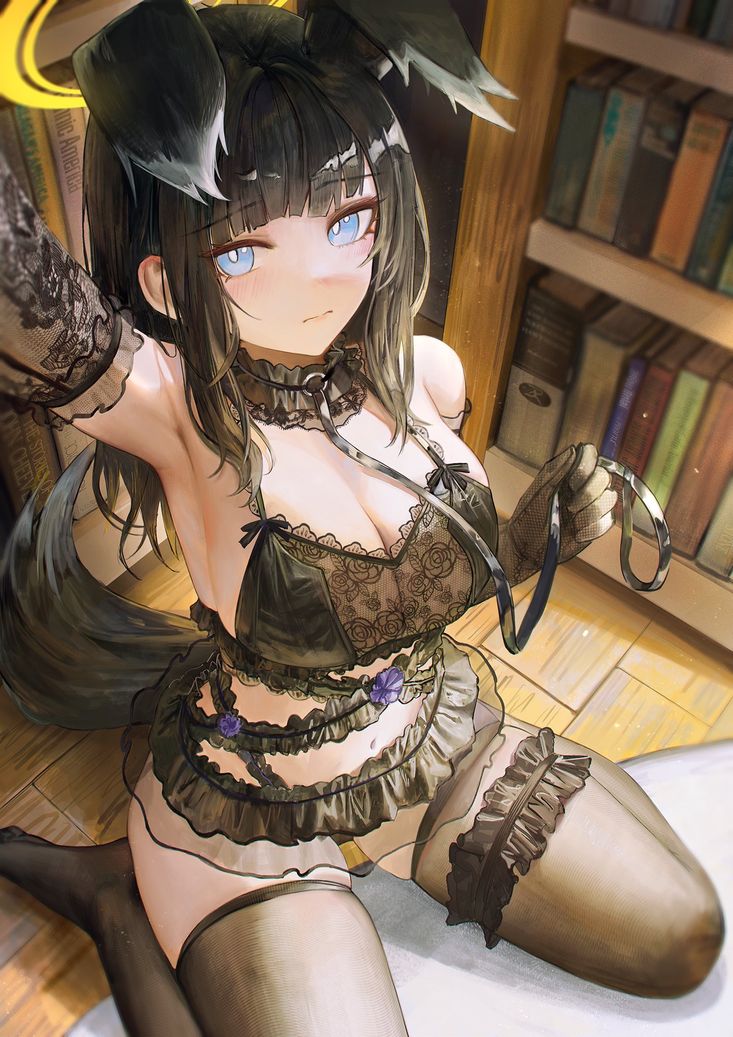 flippy (cripine111), hibiki (blue archive), blue archive, highres, 1girl, alternate costume, animal ears, arm up, armpits, bare shoulders, black gloves, black hair, black thighhighs, blue eyes, bookshelf, breasts, bright pupils, cleavage, closed mouth, dog ears, dog girl, elbow gloves, frilled thigh strap, gloves, halo, lace, lace gloves, large breasts, lingerie, long hair, looking at viewer, navel, sitting, solo, thigh strap, thighhighs, underwear, underwear only, wariza, white pupils, wooden floor