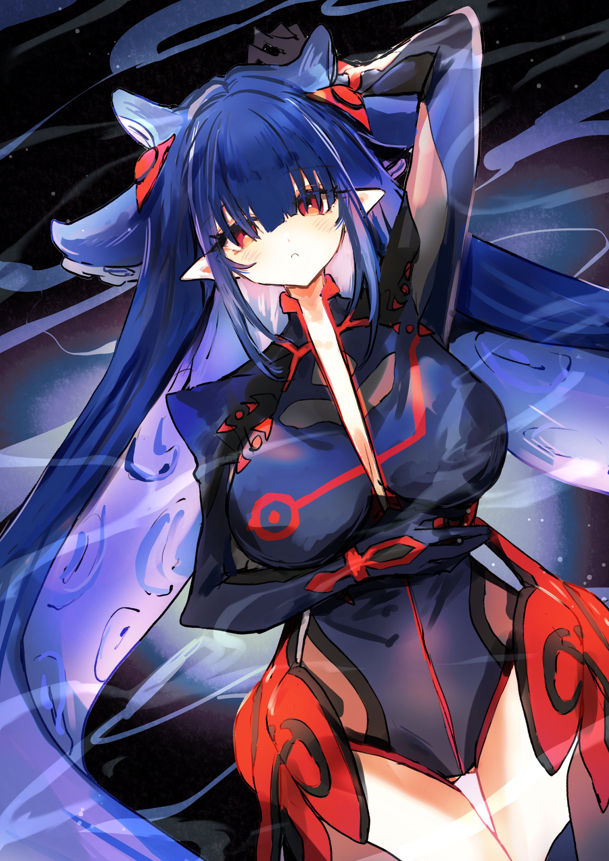 dizzy dokuro, phase connect, artist request, tagme, 1girl, blue hair, breasts, red eyes, tentacle hair, virtual youtuber