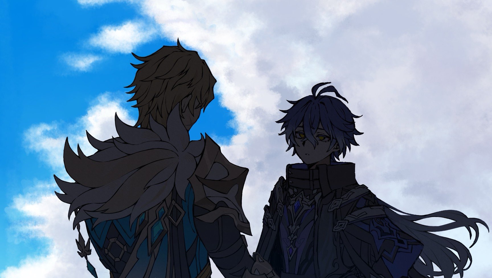 nana668, flins (genshin impact), varka (genshin impact), genshin impact, commentary request, highres, 2boys, antenna hair, blonde hair, blue sky, capelet, cloud, coat, crossed bangs, dark, day, facial scar, hair between eyes, long hair, male focus, multiple boys, outdoors, scar, scar on cheek, scar on face, sky, upper body, yellow eyes