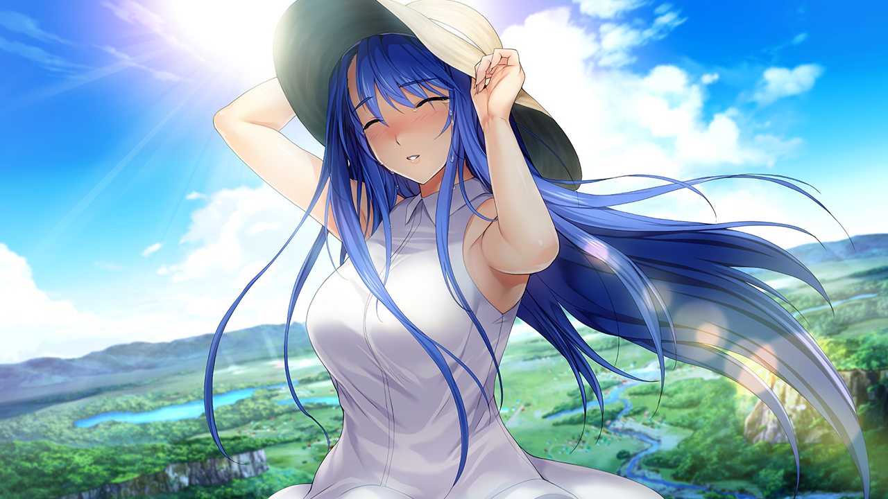 onigirikun, ellis xillia, choukou (alicesoft), choukou shinki ixseal, game cg, non-web source, official art, variant set, 1girl, armpits, arms up, bare arms, blue hair, blue sky, blush, breasts, closed eyes, cloud, crying, day, dress, facing viewer, floating hair, hands on headwear, hat, landscape, large breasts, lens flare, long hair, outdoors, parted lips, river, sky, sleeveless, sleeveless dress, smile, solo, straw hat, sun, sun hat, sundress, sunlight, tears, upper body, very long hair, white dress